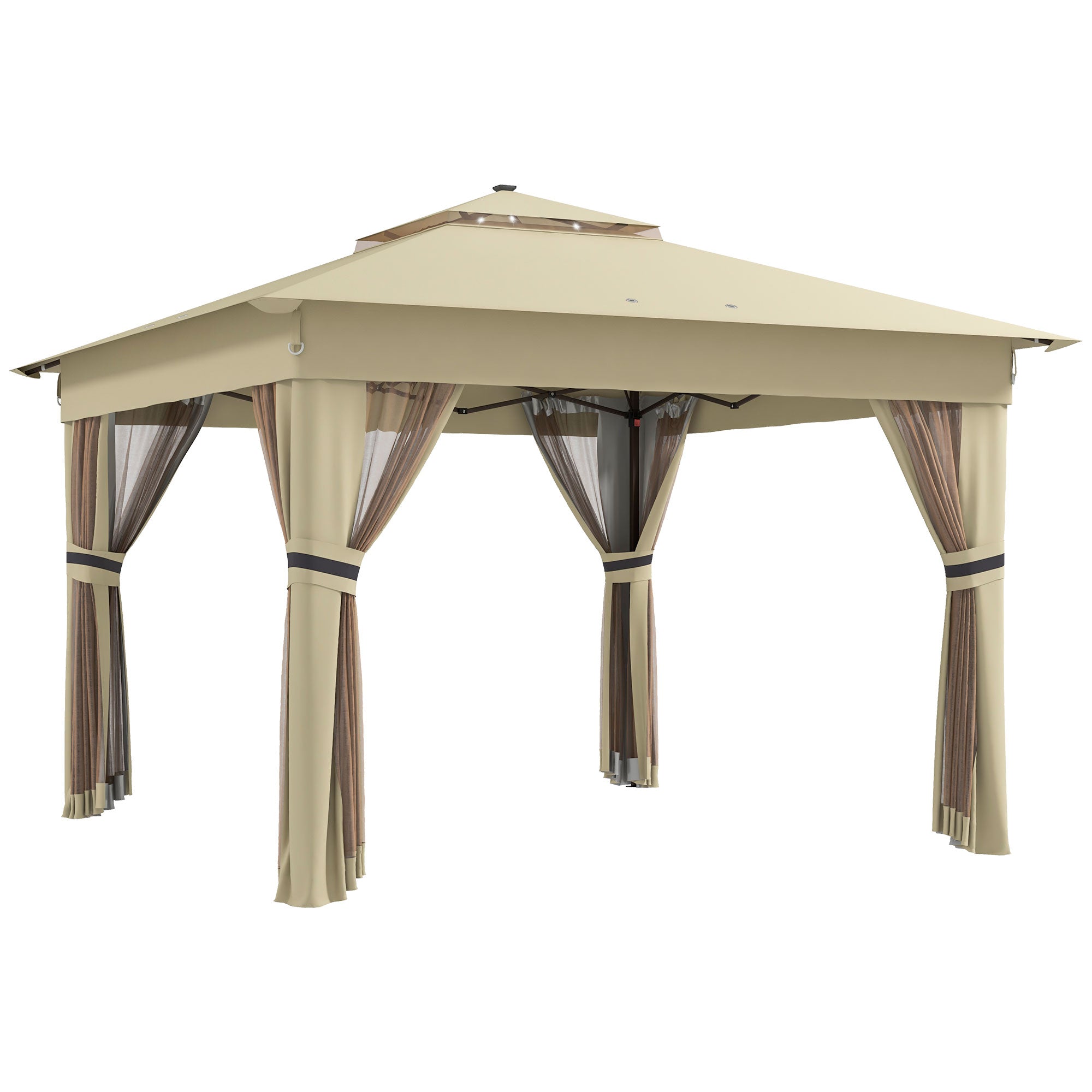 Outsunny 3 x 3(m) Pop Up Gazebo Party Tent with Solar-Powered LED Lights, Adjustable Event Shelter with Netting, Khaki - North Peak Garden Furniture