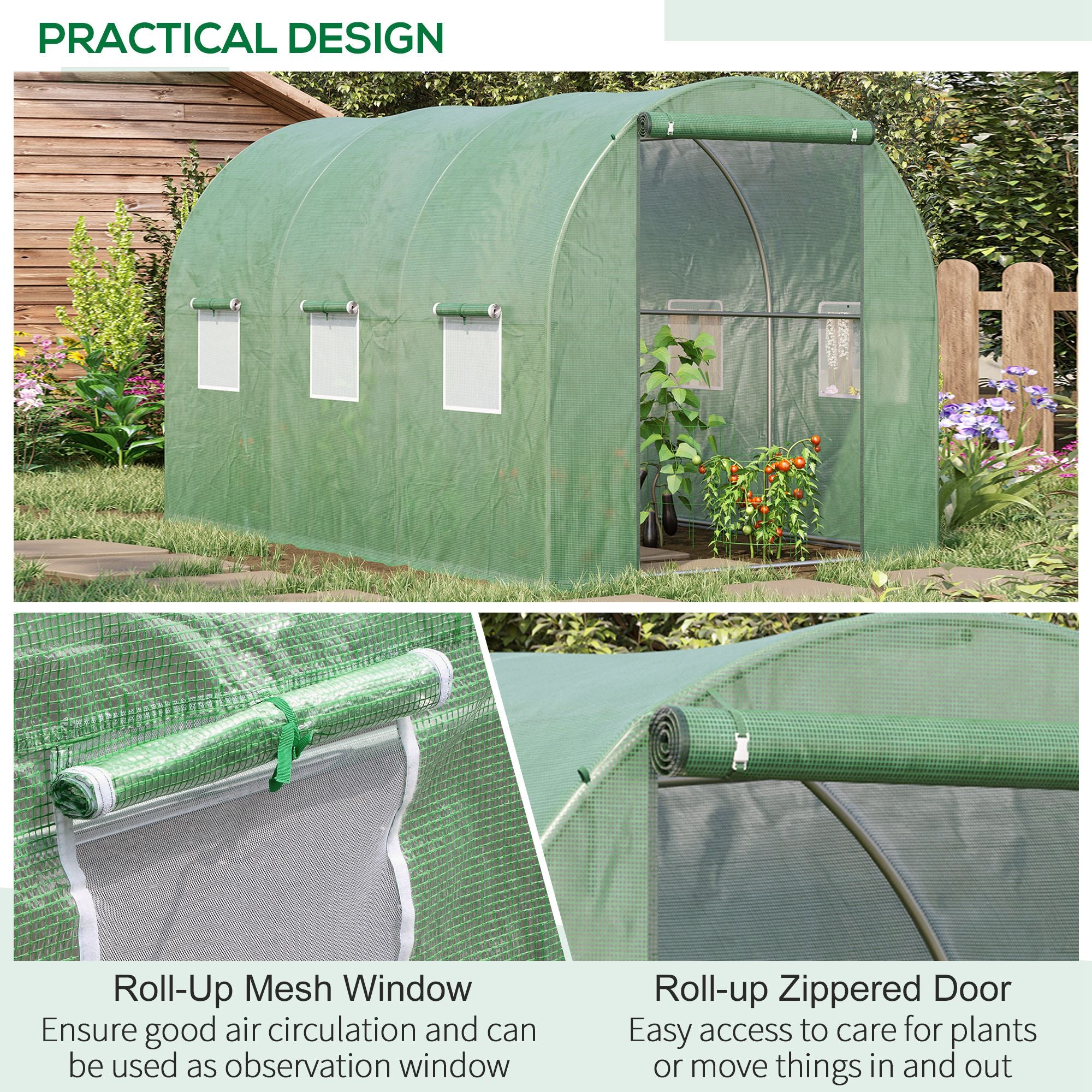 Outsunny Walk-in Polytunnel Greenhouse, Outdoor Garden Tunnel Greenhouse Tent with Zipped Roll-Up Door and 6 Mesh Windows, 3 x 2M - North Peak Garden Furniture