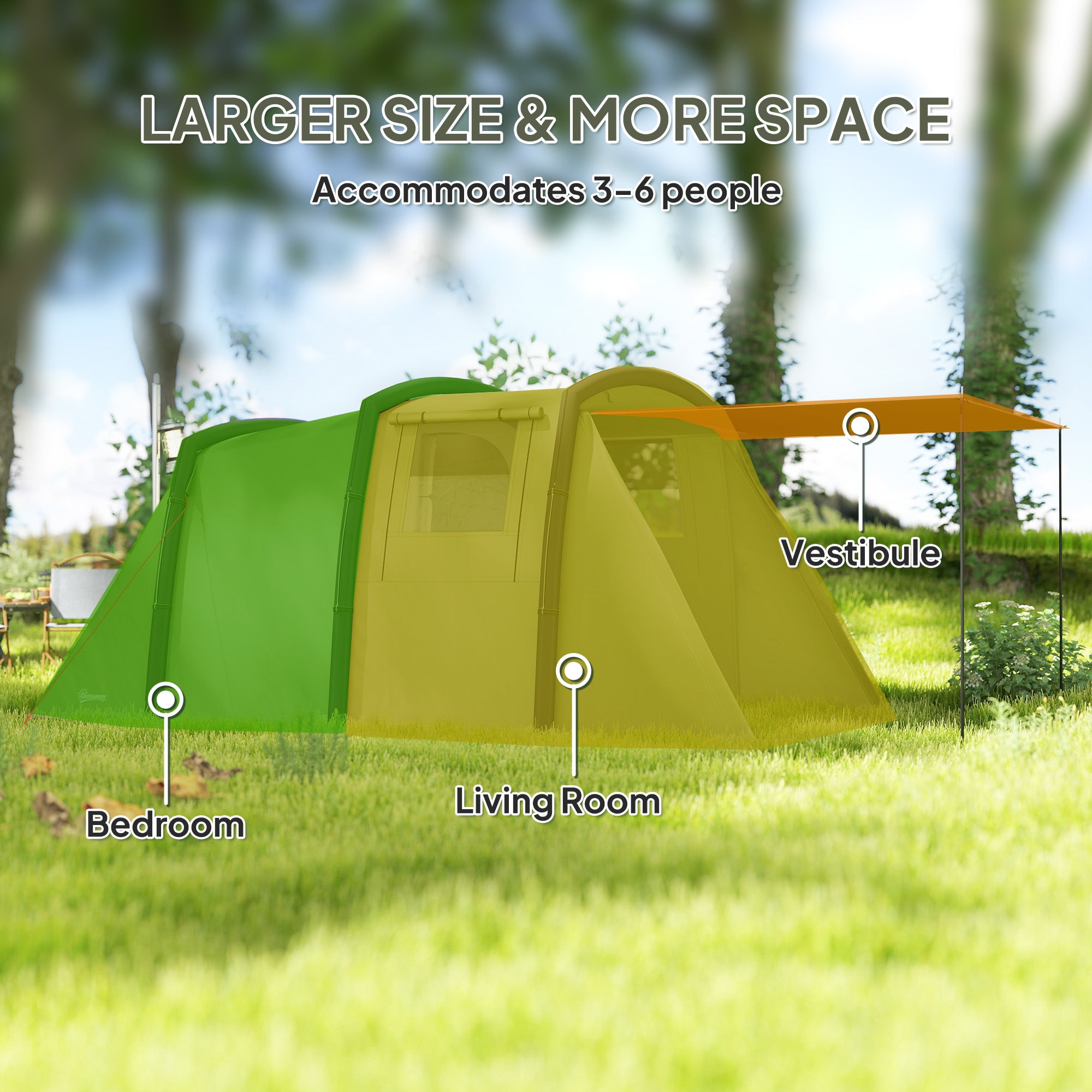 Outsunny Inflatable 3-4 Man Tunnel Tent w/ Air Pump, Living Area & Vestibule, Waterproof Family Camping Air Tent w/ Sewn In Groundsheet & Removable Footprint for Camping, Hiking, Olive Green - North Peak Garden Furniture