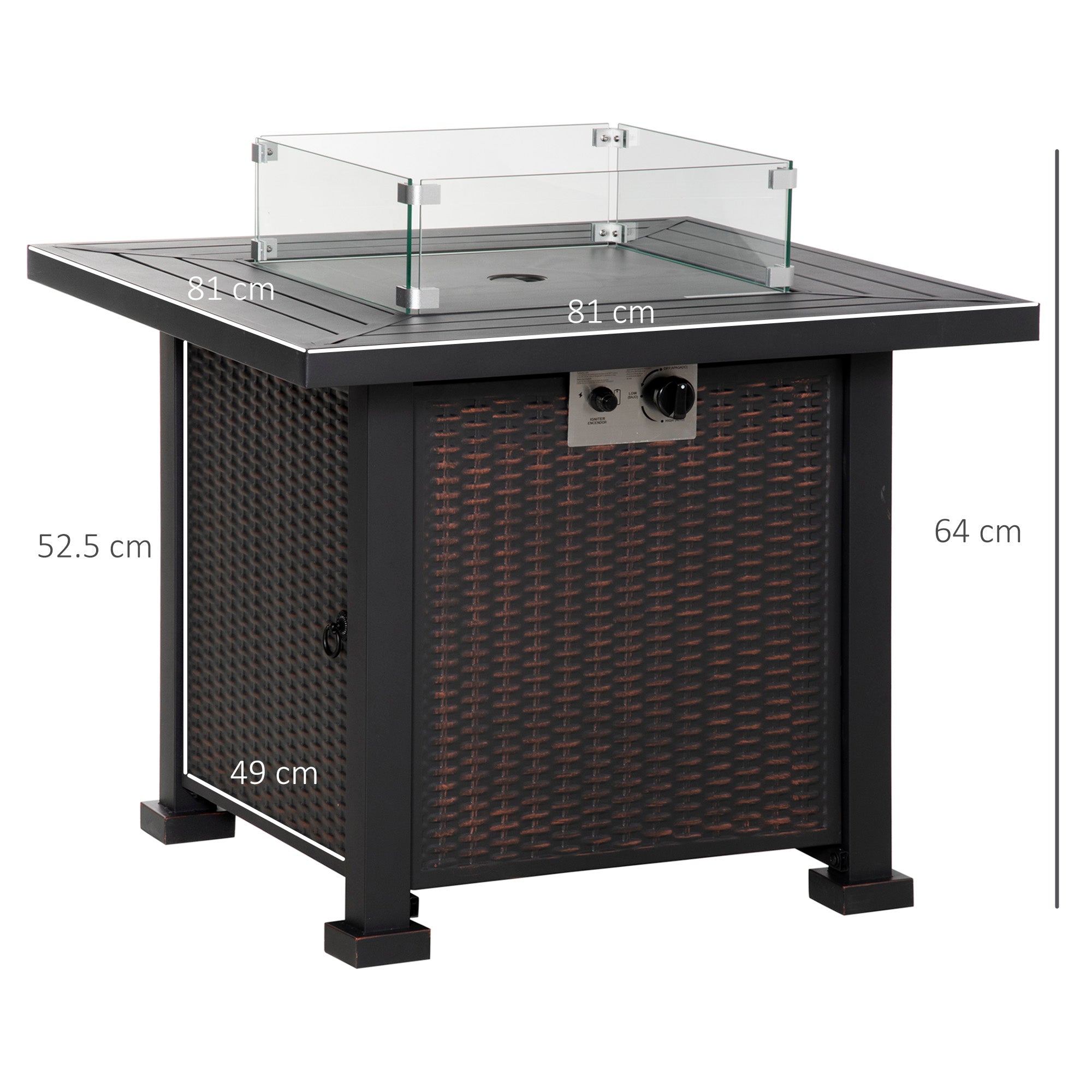 Outsunny Square Propane Gas Fire Pit Table, 50000 BTU Rattan Smokeless Firepit Patio Heater with Glass Screen, Glass Beads and Lid, 81cm x 81cm x 64cm, Black - North Peak Garden Furniture