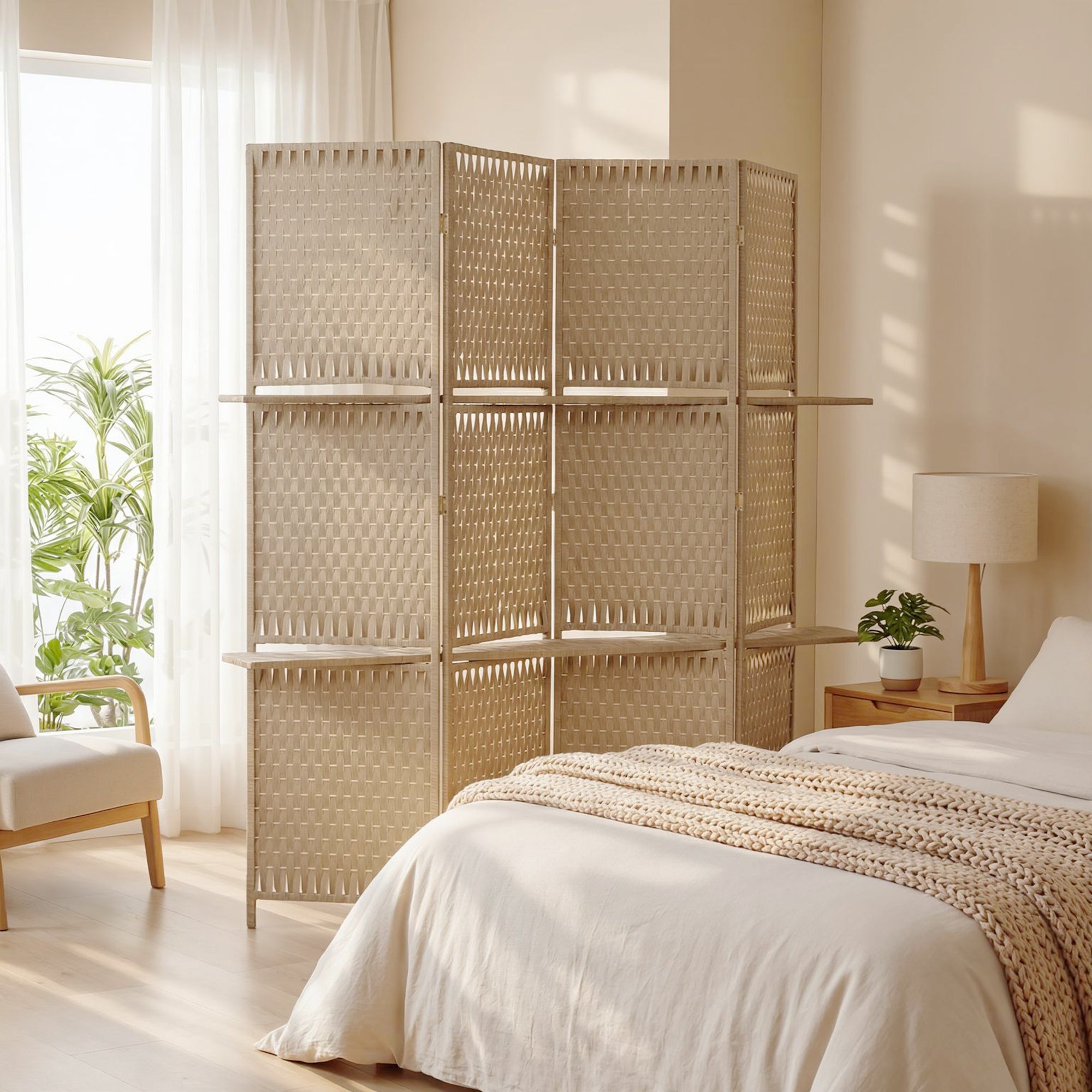 HOMCOM Wave Fibre Freestanding Folding Privacy Screen Panels, Room Divider, Natural Wood Finish