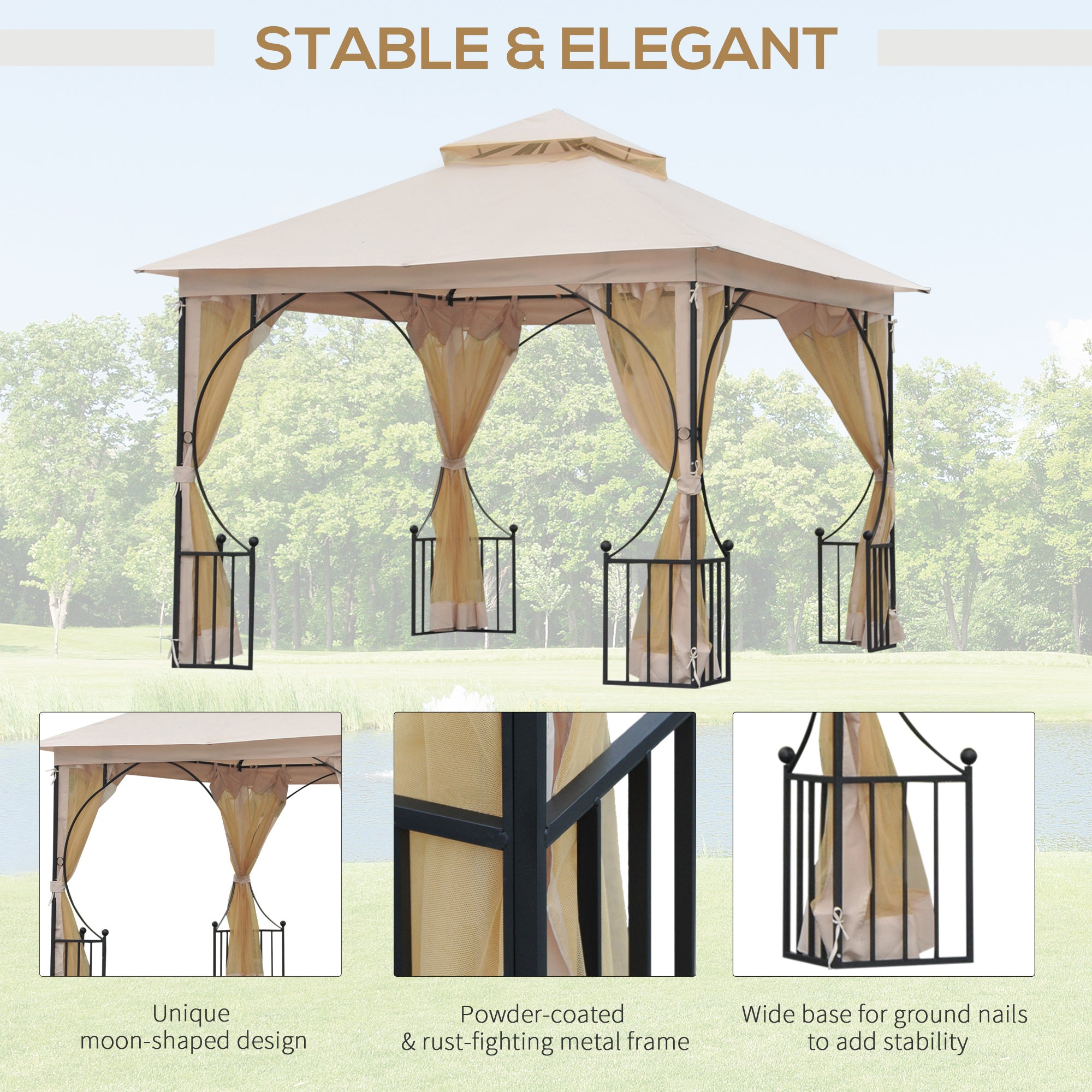 Outsunny 3 x 3(m) Garden Gazebo Patio Party Tent Shelter Outdoor Canopy Double Tier Sun Shade Metal Frame Netting Beige
