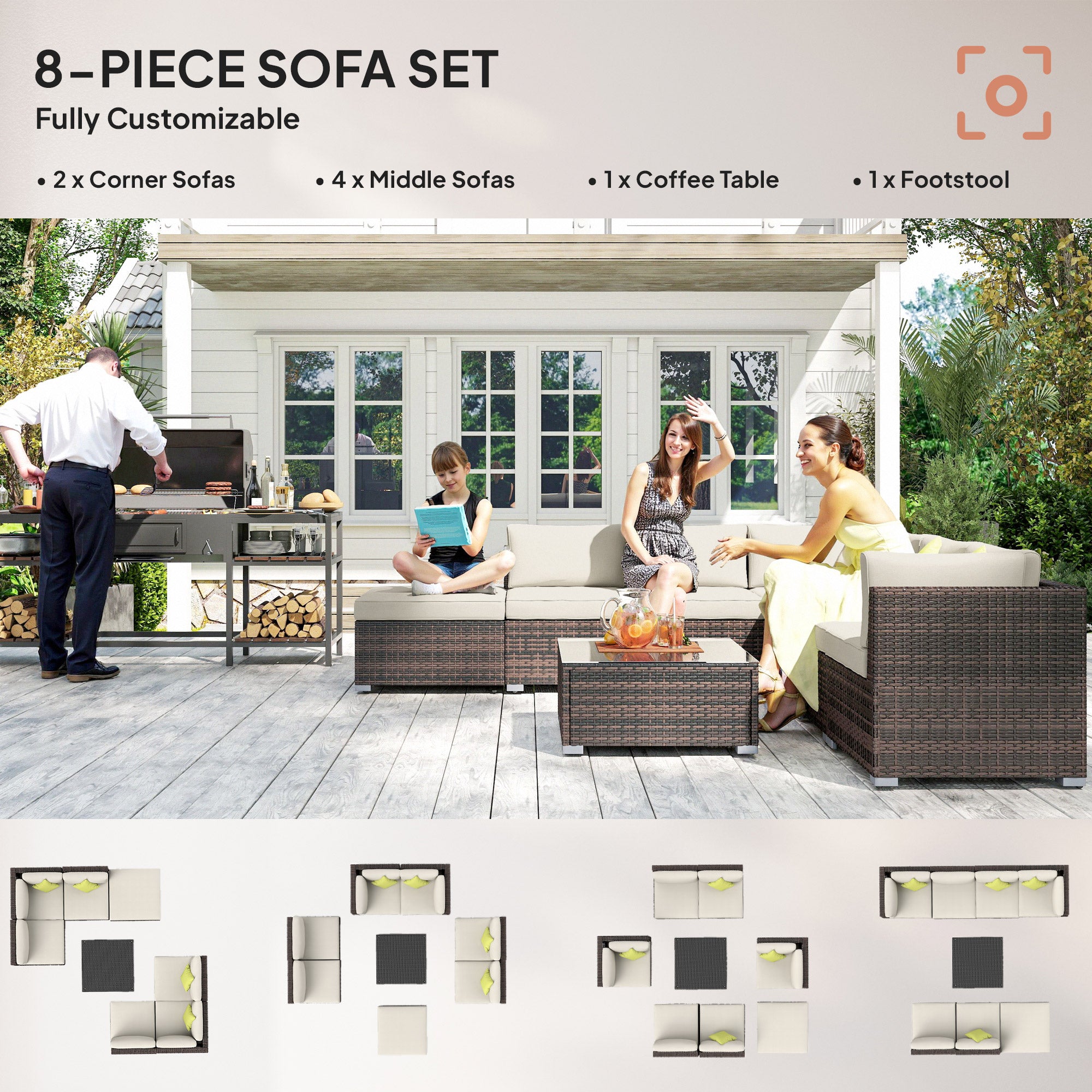 Outsunny 8 Pieces PE Rattan Corner Sofa Set with Thick Cushions, Aluminium Outdoor Rattan Garden Furniture Set with Glass Top Table, No Assembly Required, Mixed Brown