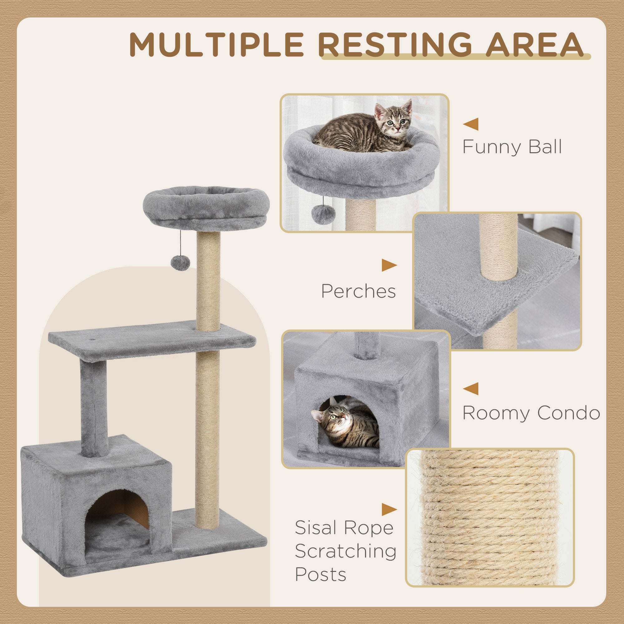 PawHut 96cm Cat Tree for Indoor Cats Condo Sisal Scratching Post Cat Tower Kitten Play House Dangling Ball Activity Center Furniture Grey - North Peak Garden Furniture