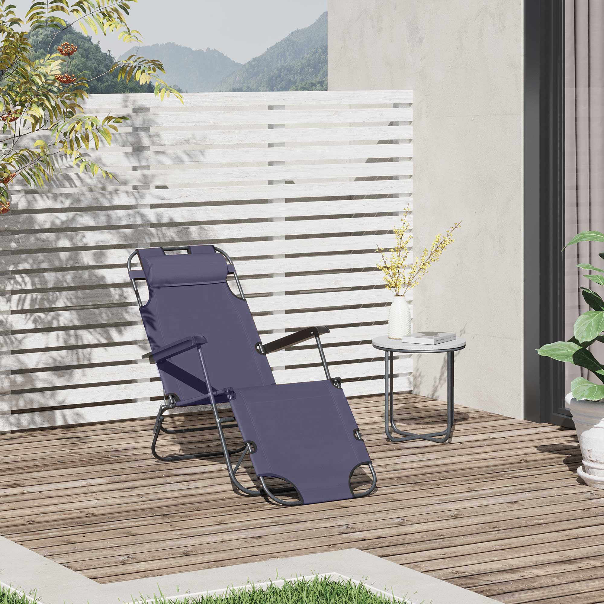 Outsunny 2 in 1 Sun Lounger Folding Reclining Chair Garden Outdoor Camping Adjustable Back with Pillow, Grey - North Peak Garden Furniture