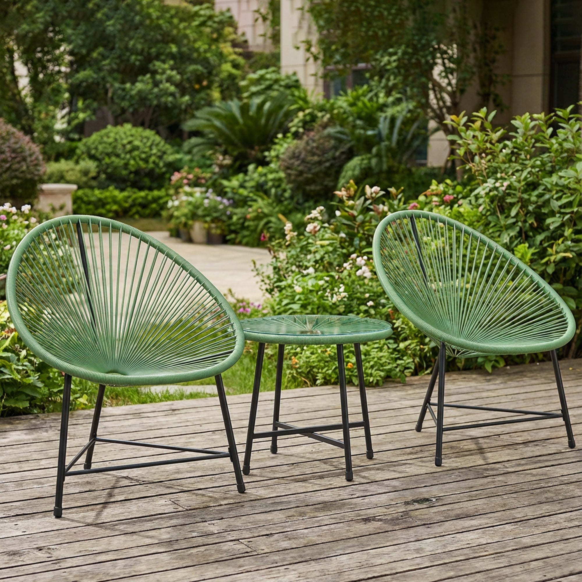 Outsunny Rattan Bistro Set with Acapulco Chairs and Glass Table, Green