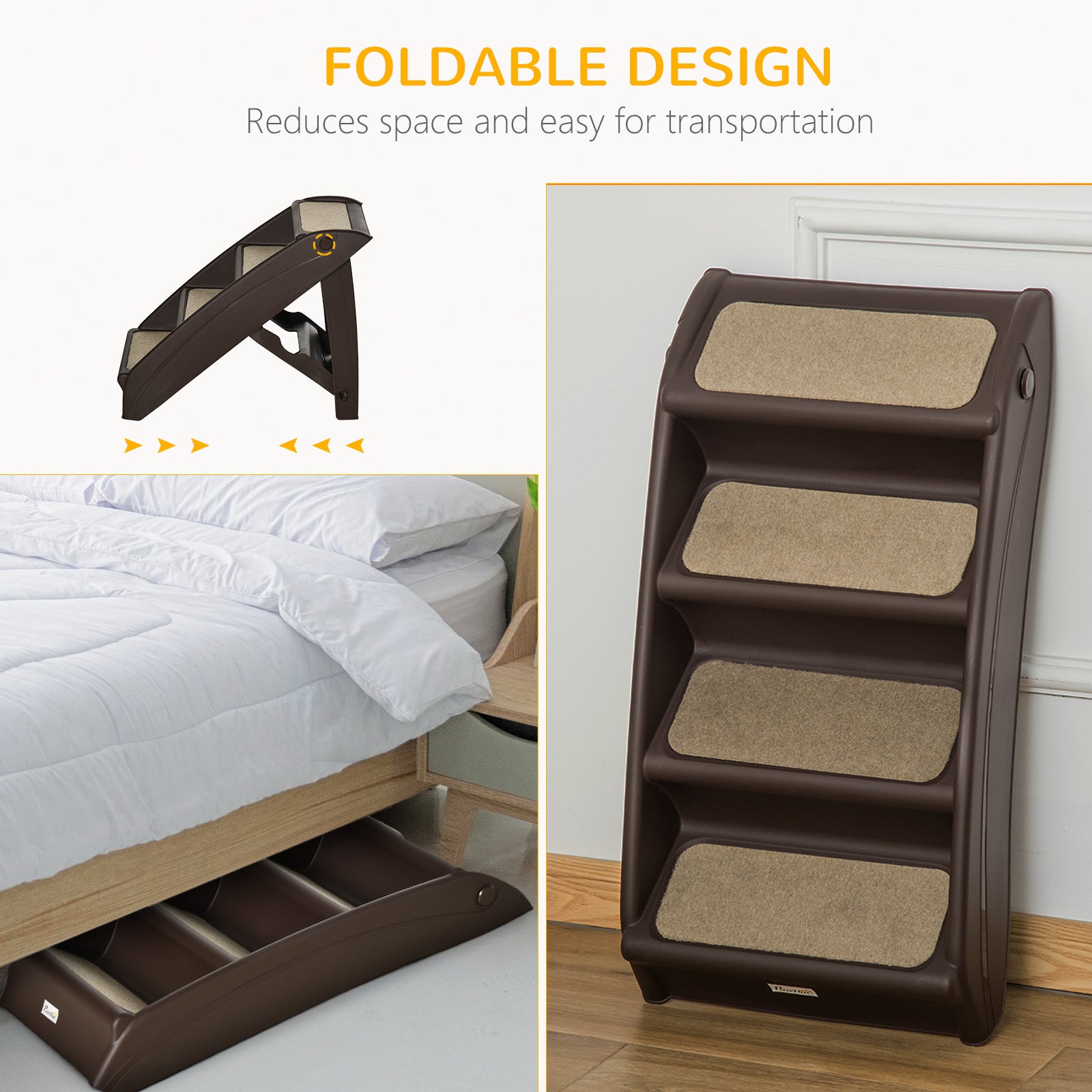 PawHut Foldable Four-Step Pet Stairs, for Cats, Small Miniature Dogs, with Non-Slip Mats 62 x 38 x 49.5cm - Brown - North Peak Garden Furniture