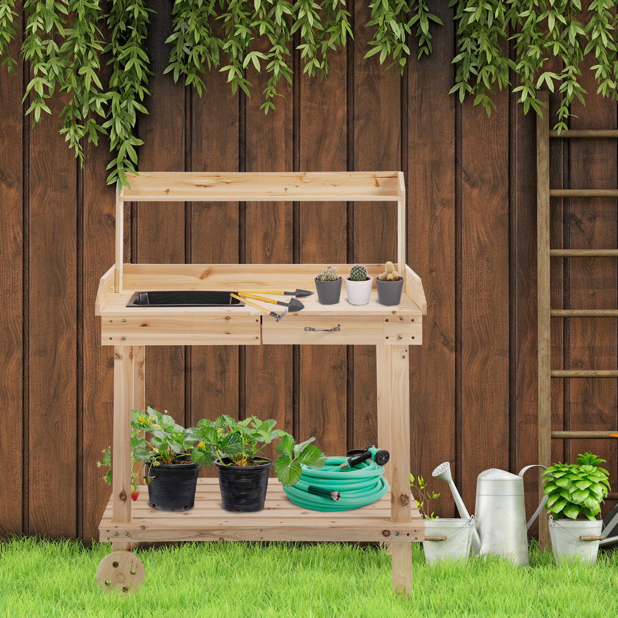 Outsunny Garden Potting Bench Table, Wooden Work Station, Outdoor Planting Workbench with 2 Wheels, Sink, Drawer & Large Storage Spaces, 92x45x119cm - North Peak Garden Furniture