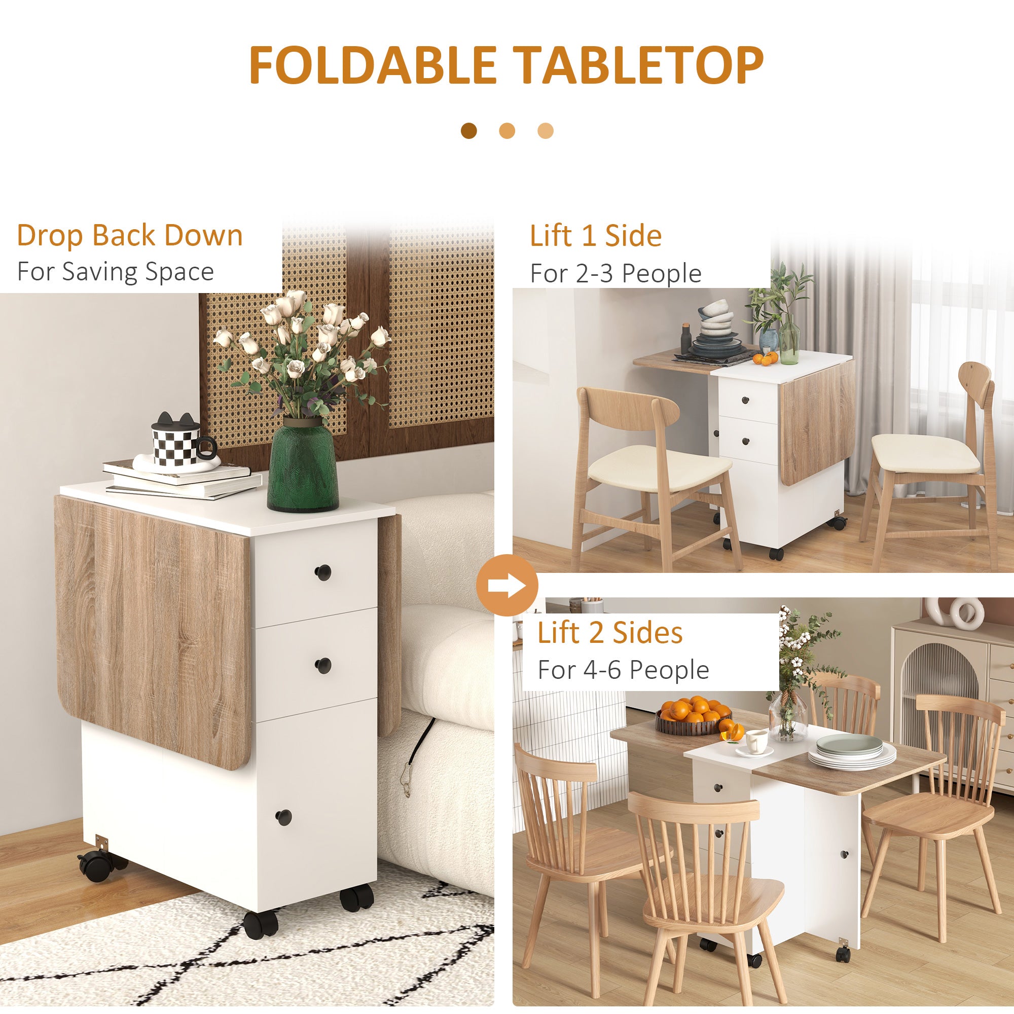 HOMCOM Multi-Storage Six-Person Drop Leaf Dining Table - Oak and White - North Peak Garden Furniture