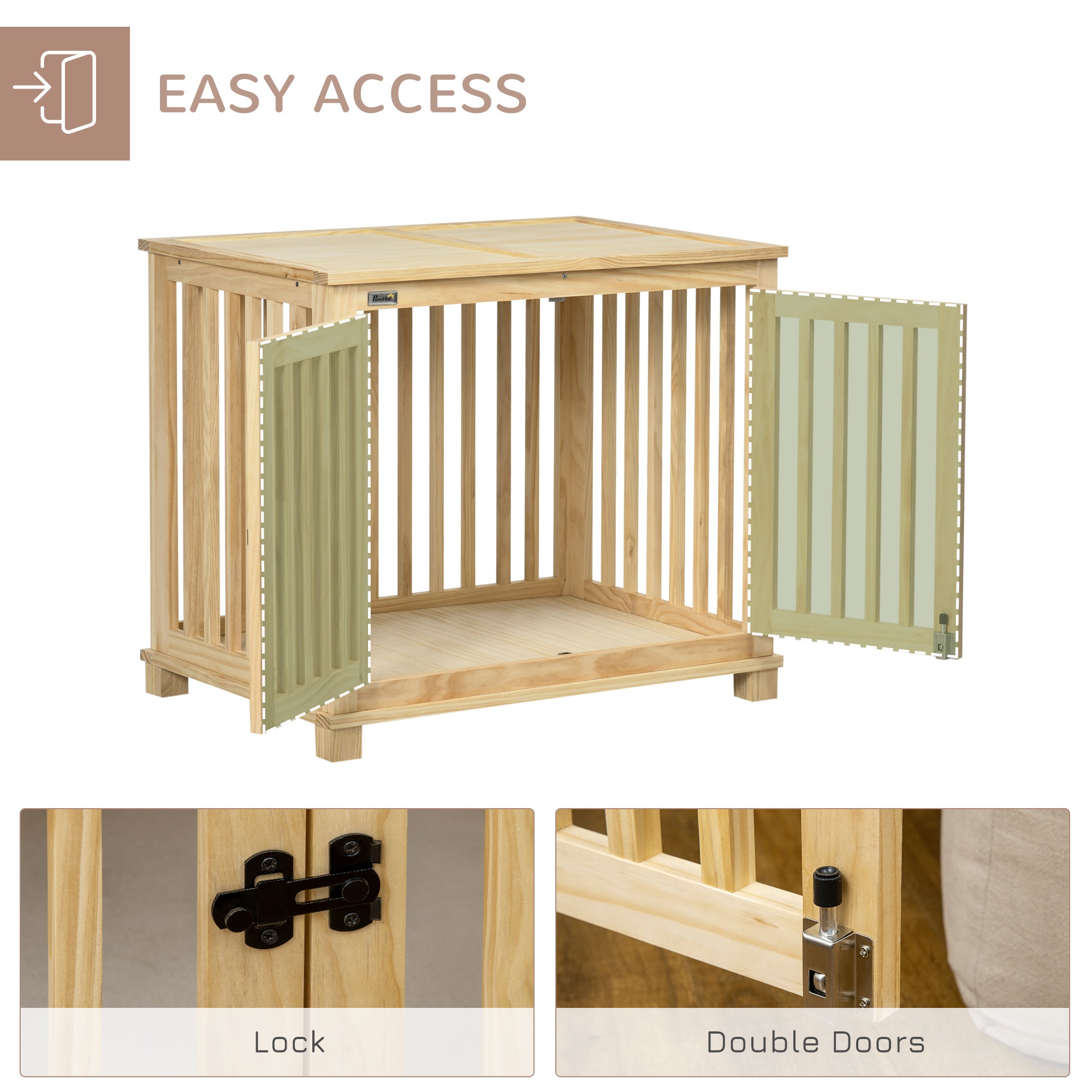 PawHut Wooden Dog Crate, with Double Doors, Cushion, for Medium Dogs - Natural Finish - North Peak Garden Furniture