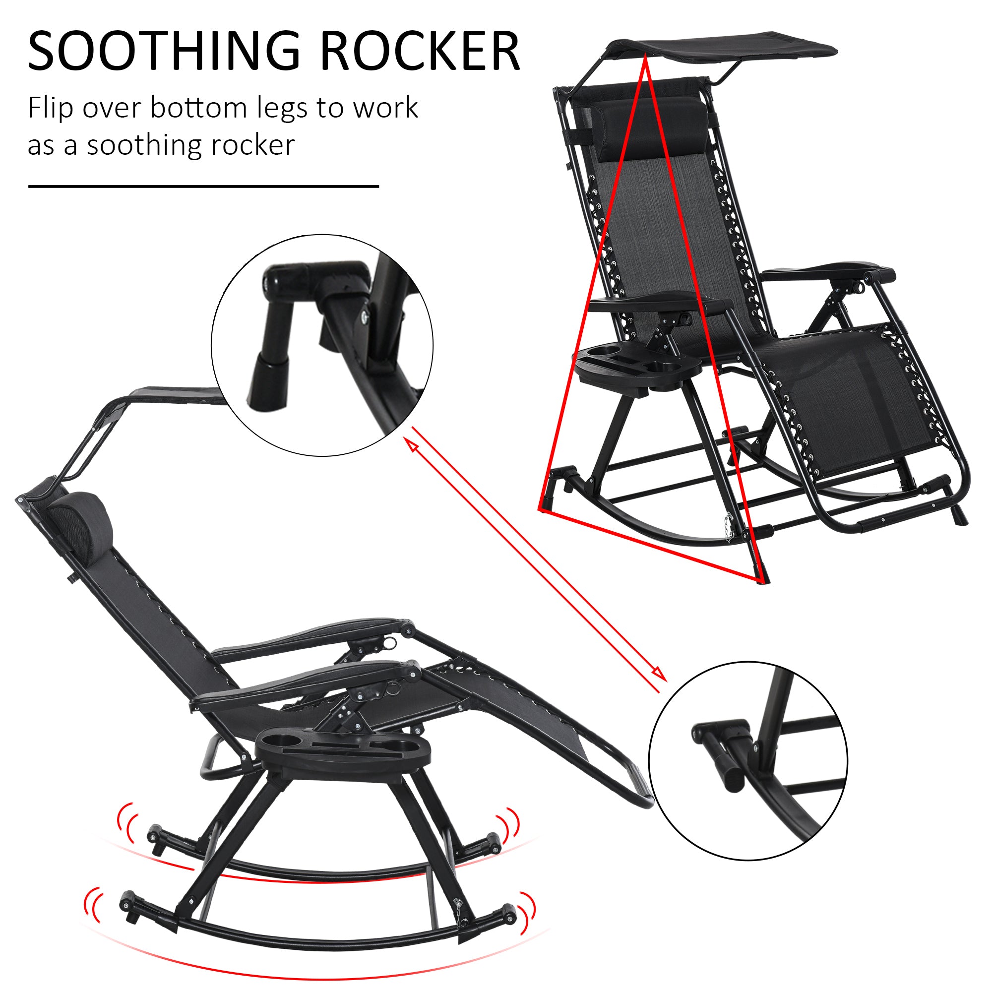 Outsunny Garden Rocking Chair Folding Recliner Outdoor Adjustable Sun Lounger Rocker Zero-Gravity Seat with Headrest Side Holder Patio Deck - Black - North Peak Garden Furniture