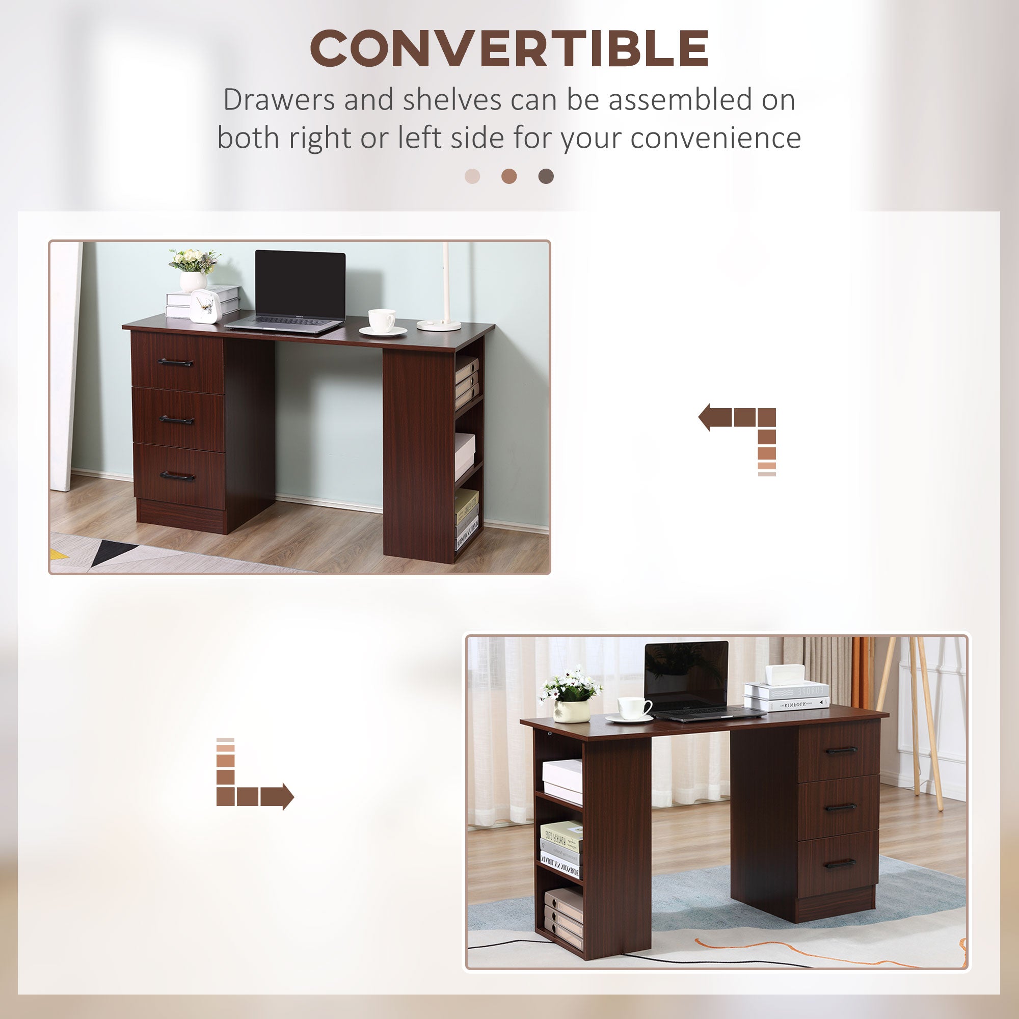 HOMCOM Computer Desk, Writing Table, PC Workstation with 3 Storage Shelves and Drawers, Black Handle, for Home Office, Walnut Brown - North Peak Garden Furniture