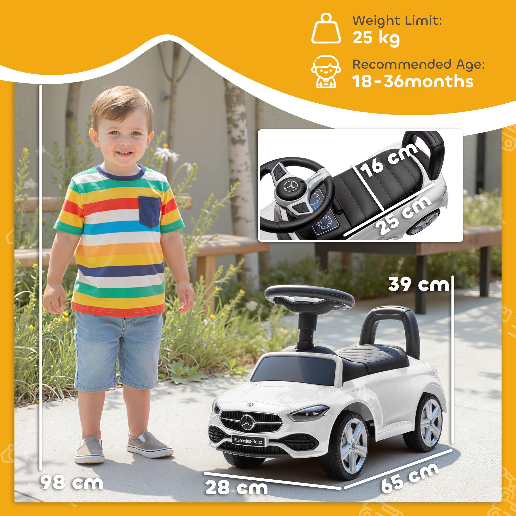 AIYAPLAY Official Mercedes-Benz Ride On Car, Foot to Floor Sliding Walker with Horn, Engine Sounds and Under-Seat Storage, White