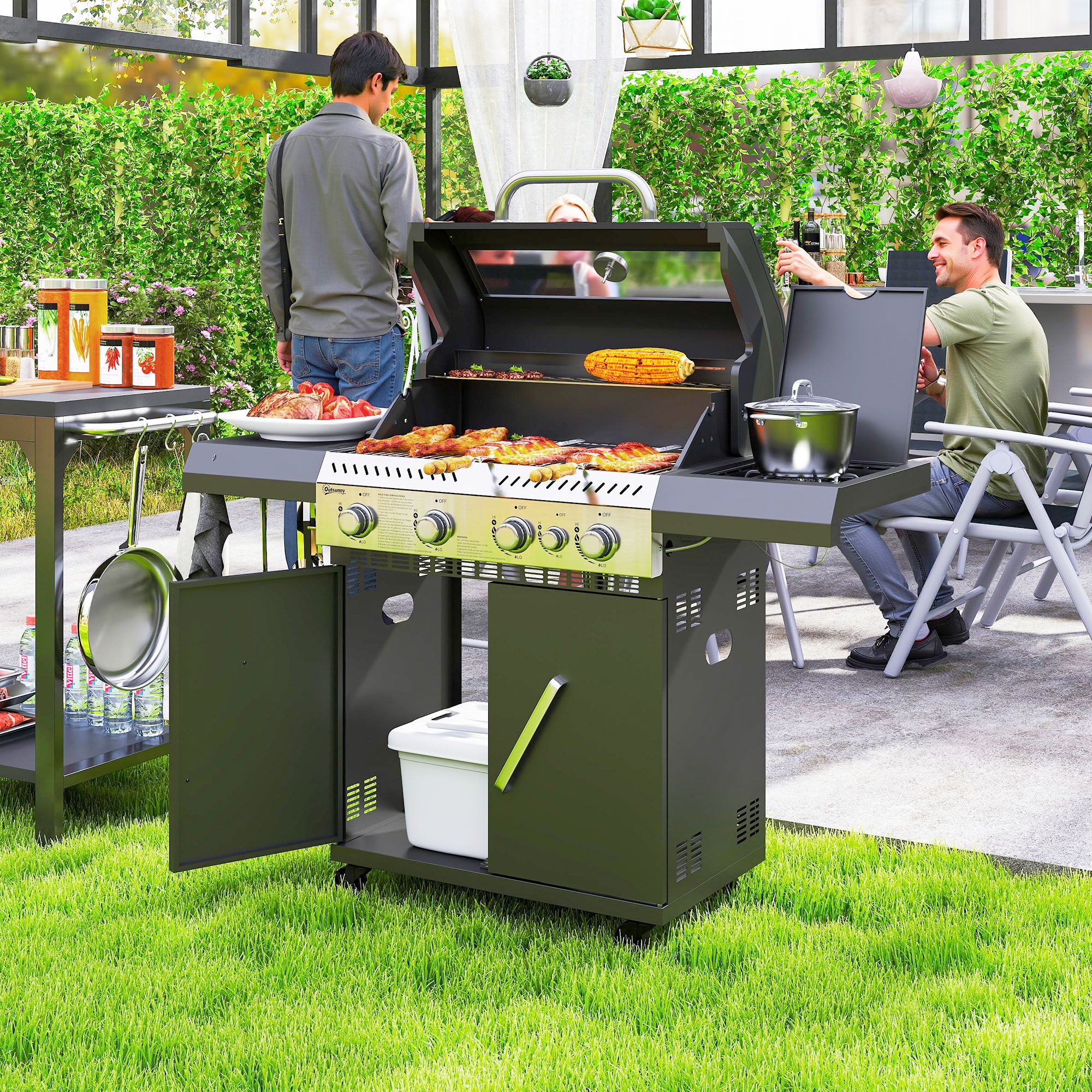 Outsunny 4+1 Burner Gas BBQ Grill with Clear View Lid, Portable Gas Barbecue Grill with Built-in Thermometer, Side Table, Cabinet, Wheels, Grease Tray for Garden Party Outdoor Cooking, Black - North Peak Garden Furniture