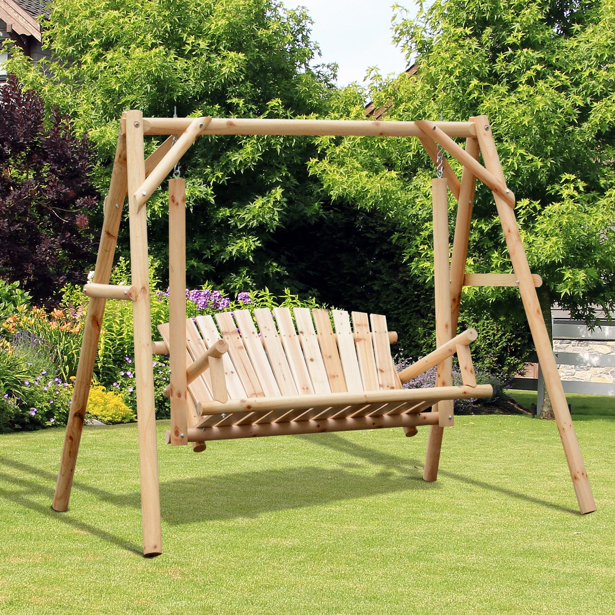 Outsunny Outdoor 2 Seater Swing Chair Larch Wood Garden Swing Seat Porch Hammock Bench Lounger - North Peak Garden Furniture