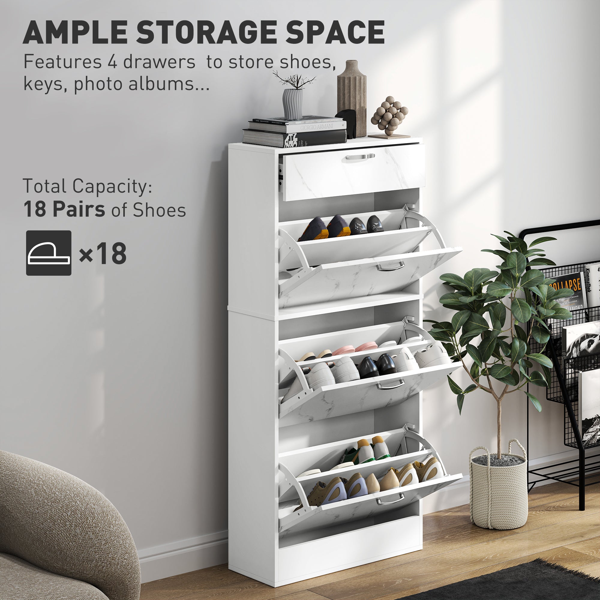 HOMCOM Marble Shoe Storage Cabinet with 3 Flip Drawers, Hallway Cabinet with Top Drawer and Adjustable Shelves, Shoe Cupboard for 18 Pairs, White - North Peak Garden Furniture