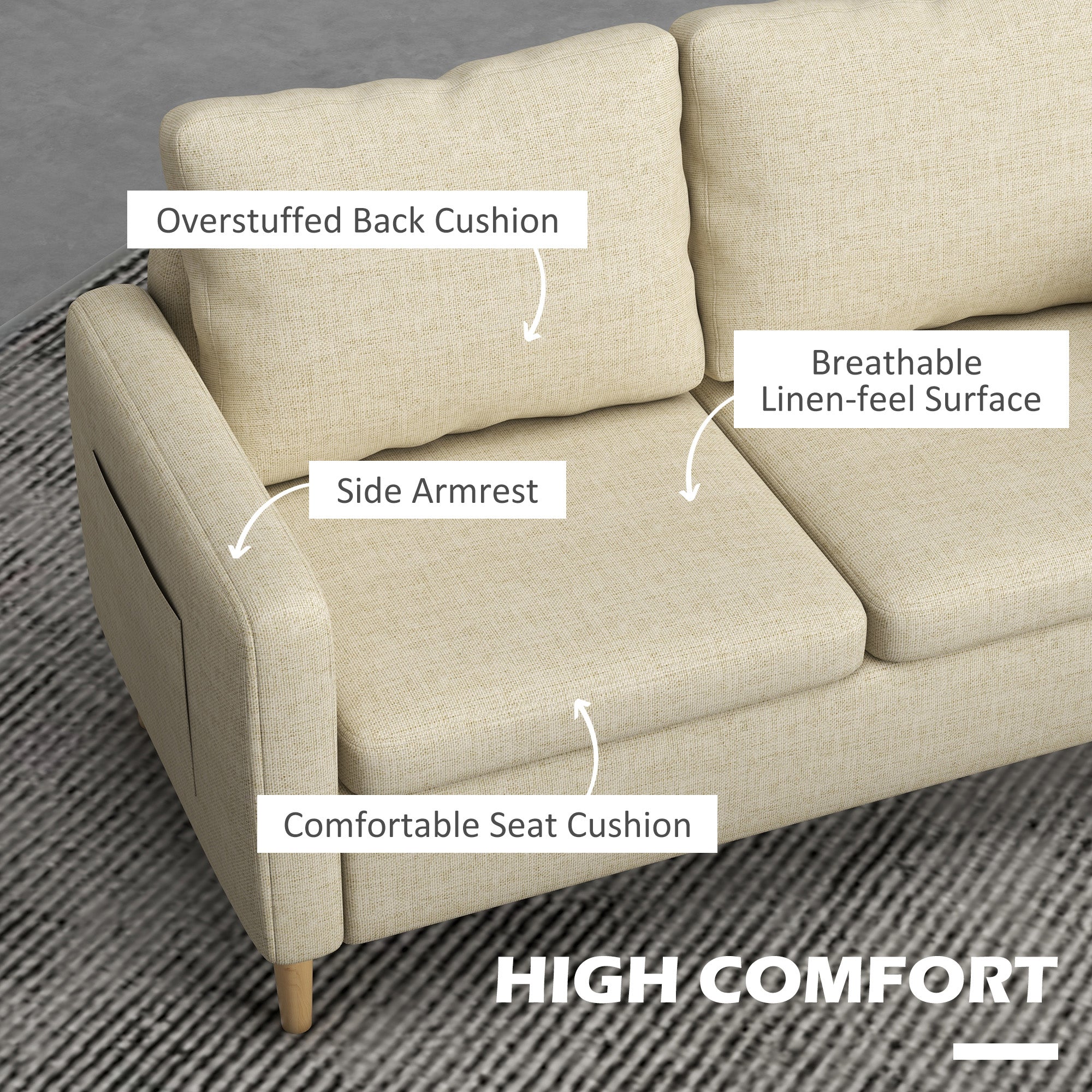 HOMCOM Two Seater Sofa for Living Room, Modern Fabric Couch with Wood Legs and 2 Pockets for Bedroom and Home Office, Beige