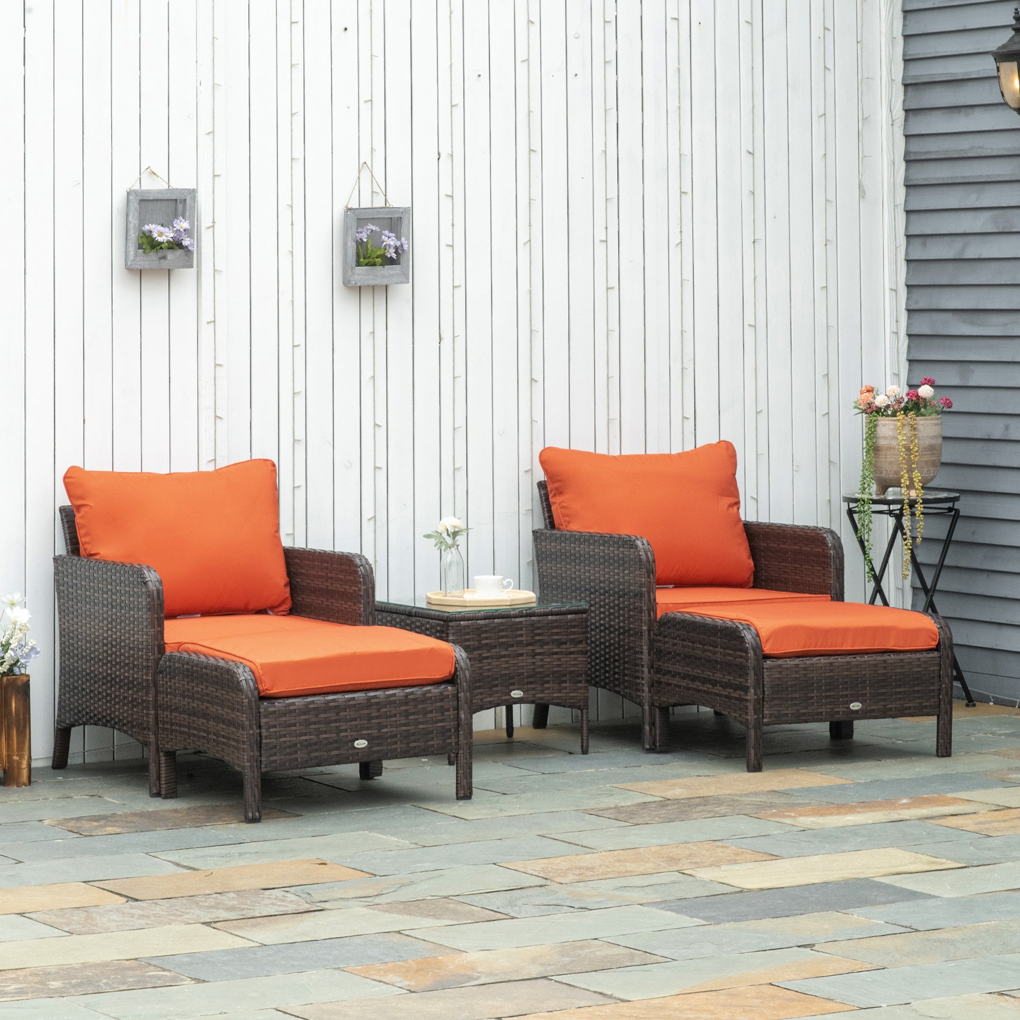 Outsunny 5 Pieces PE Rattan Garden Furniture Set with 10cm Thick Padded Cushions, Wicker Weave Outdoor Seating Chairs with 2 Armchairs, 2 Stools, Glass Top Table, Brown - North Peak Garden Furniture