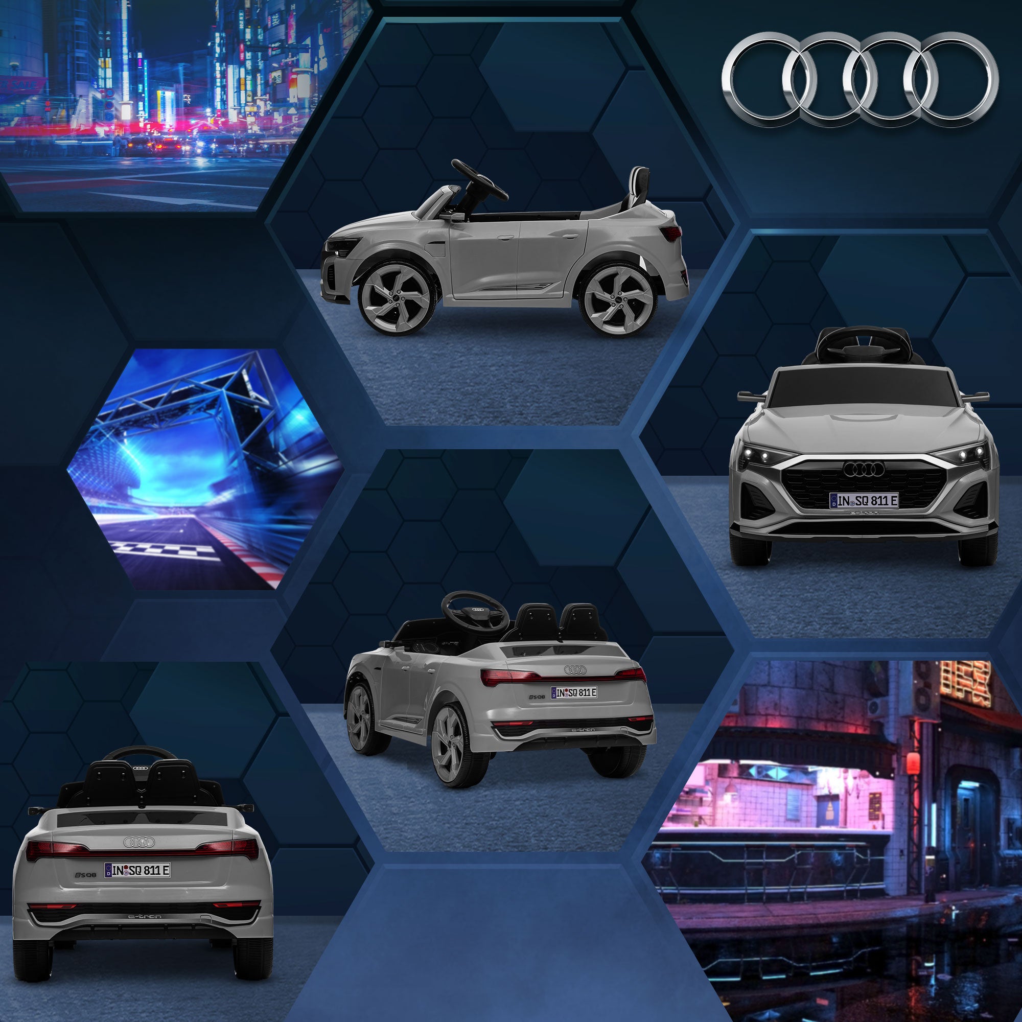 AIYAPLAY Audi Q8 e-tron Sportback Licensed 12V Ride on Car w/ Remote, 4 Spring Suspension Wheels, Headlights, Music, Horn - Grey - North Peak Garden Furniture