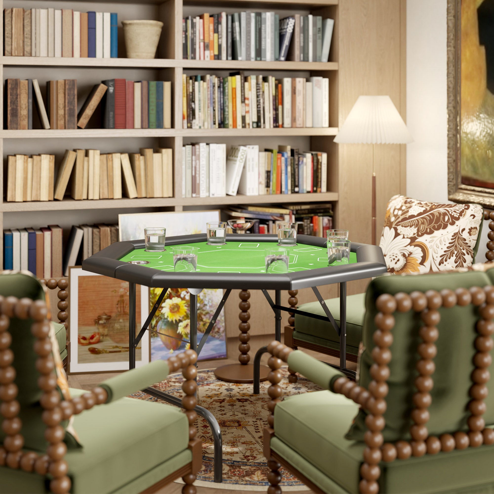 SPORTNOW 8 Player Folding Poker Table, Portable Octagon Blackjack Table with Cup Holders with Cup Holders, Padded Edge, Green - North Peak Garden Furniture