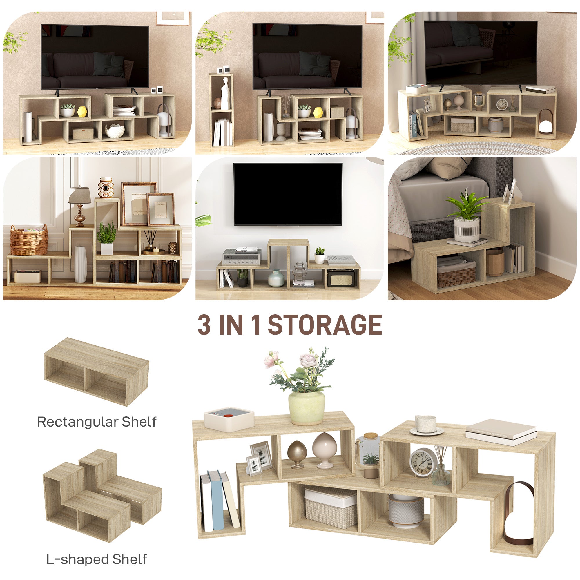 HOMCOM TV Stand for TVs up to 75 Inches, Free Combination TV Unit with Storage Shelves, Extendable Entertainment Centre for Living Room, Grey Oak Wood Grain - North Peak Garden Furniture
