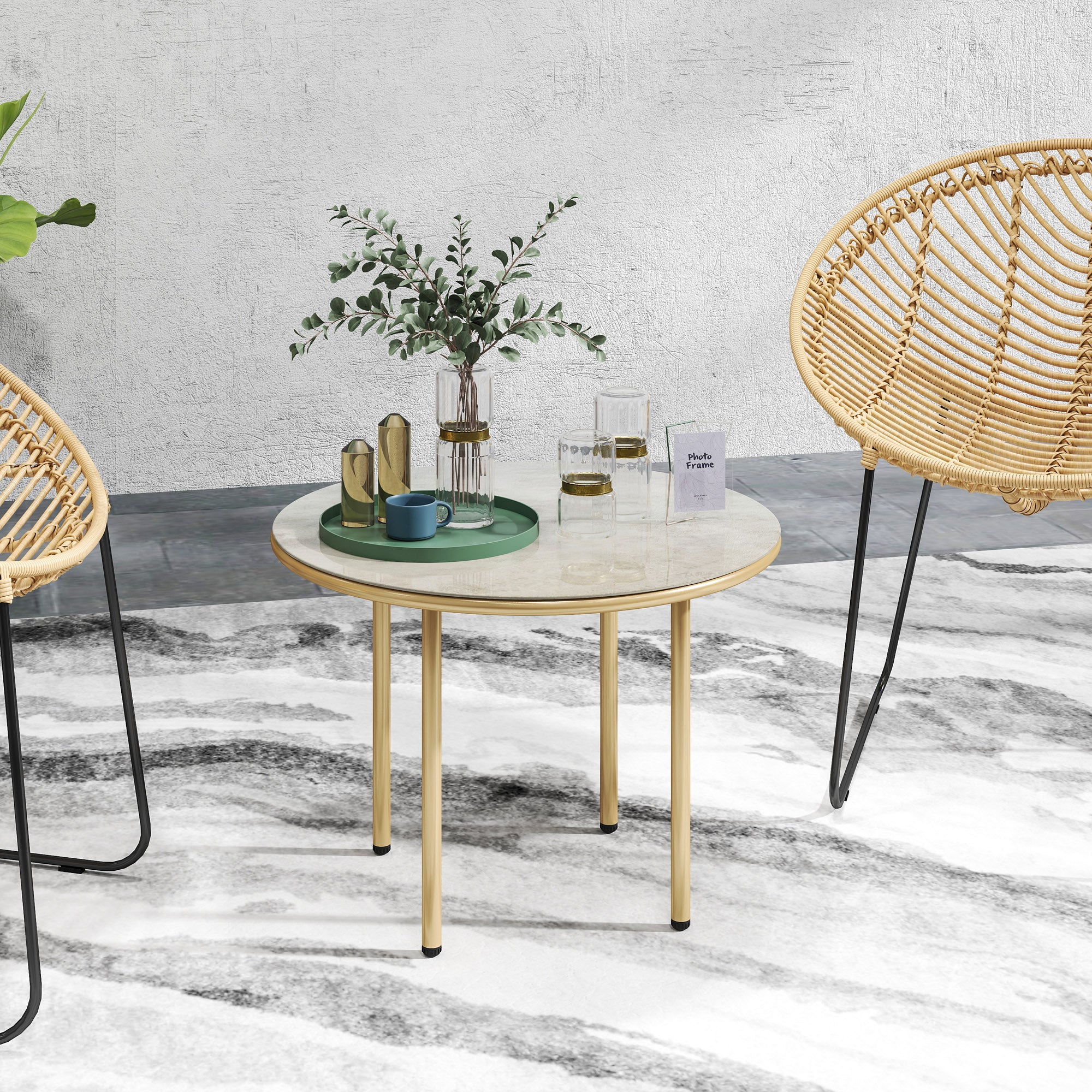 Outsunny Round Small Garden Table, 60cm Outdoor Side Table with Faux Marble Tempered Glass Top, Steel Frame for Garden Patio Balcony, Beige - North Peak Garden Furniture