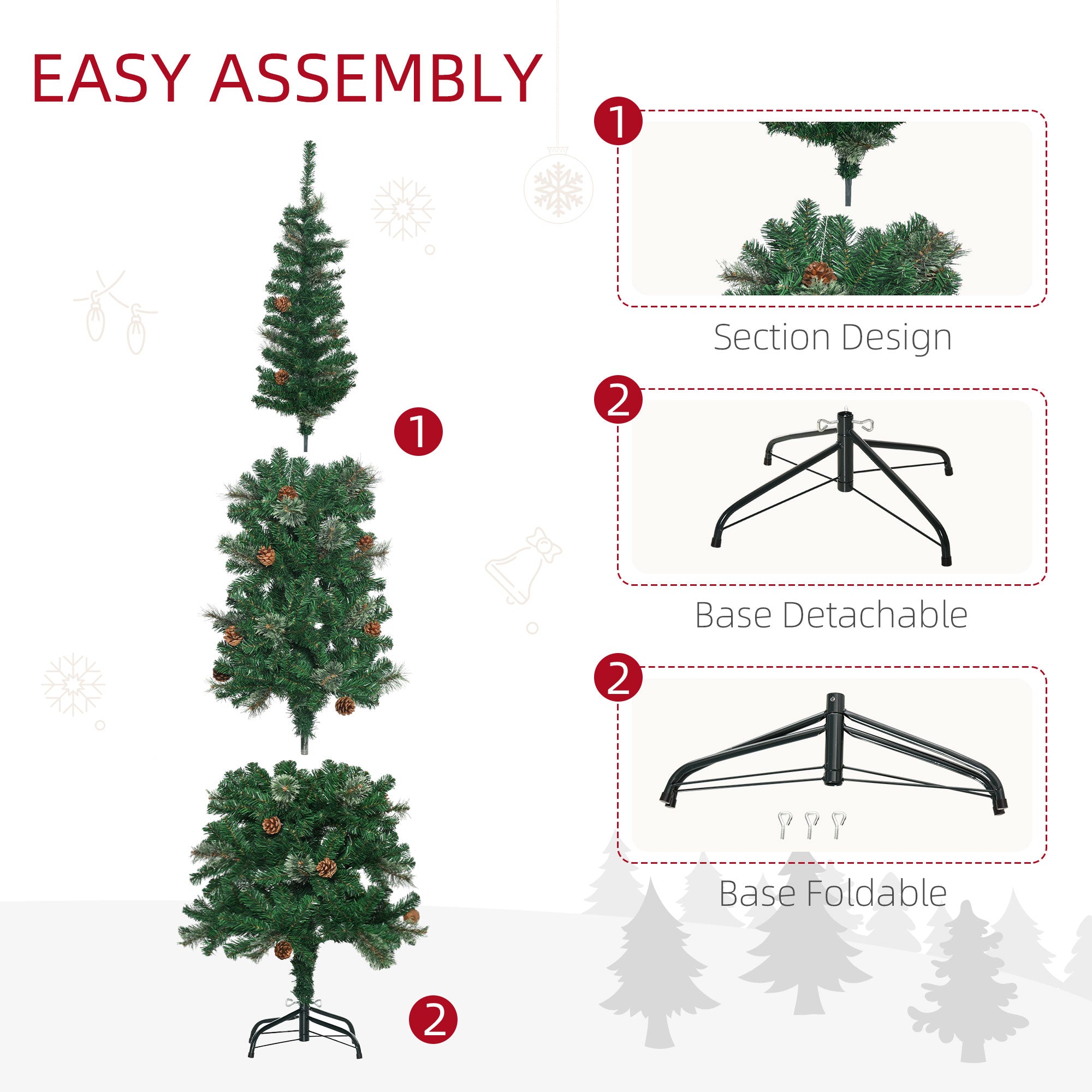 HOMCOM 6.5FT Tall Pencil Slim Artificial Christmas Tree with Realistic Branches, Tip Count and Pine Cones, Pine Needles Tree, Xmas Decoration, Green