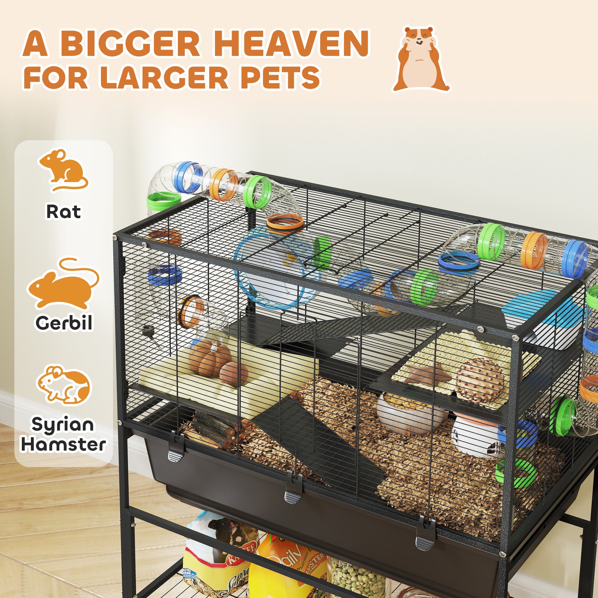 PawHut 3 Tier Large Hamster Cage on Wheels with 17 cm Deep Tray, Storage Shelf for Syrian, Gerbil, Rats - North Peak Garden Furniture