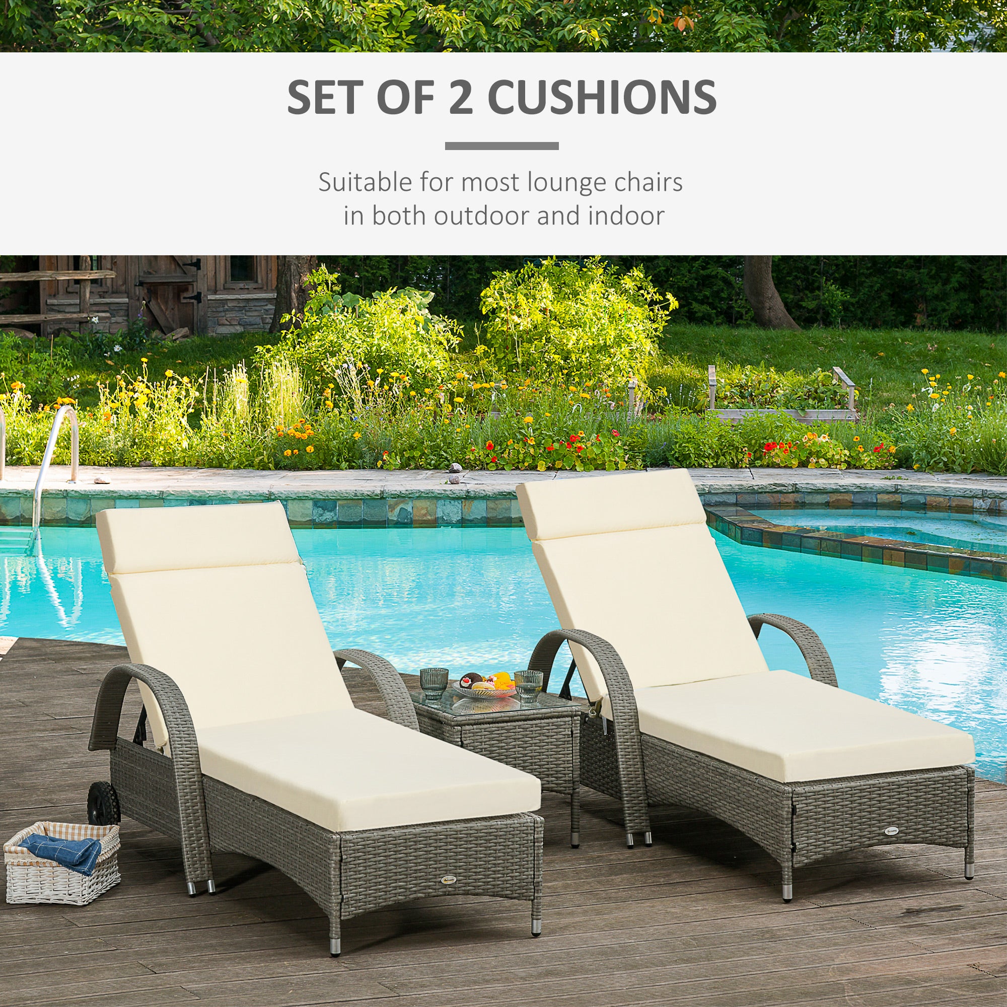 Outsunny Set of 2 Sun Lounger Cushions, Replacement Cushions for Rattan Furniture with Ties, 196 x 55 cm, Cream White - North Peak Garden Furniture