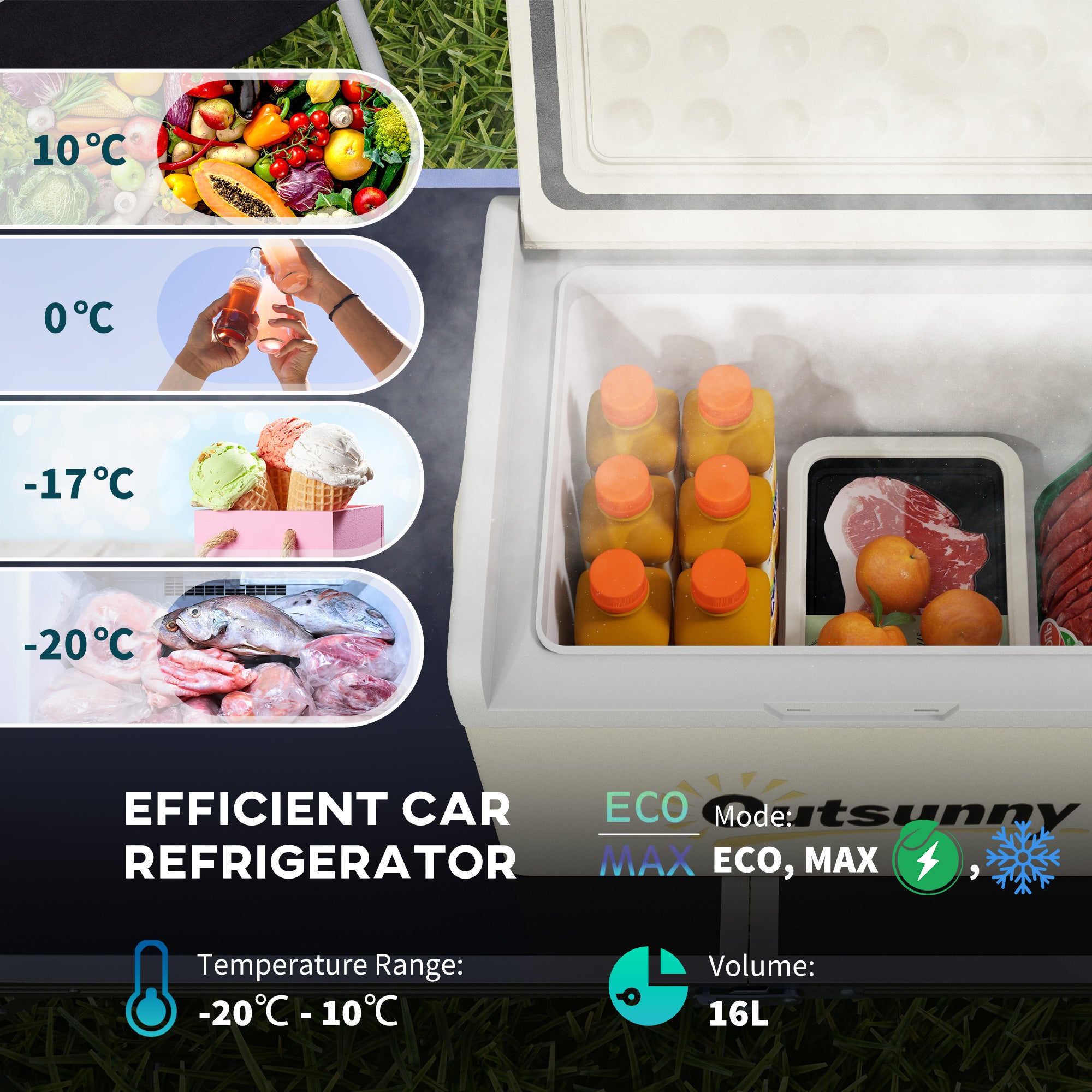 Outsunny 16L Portable Car Fridge, -20℃ to 10℃ Adjustable Temperature - Khaki/Grey - North Peak Garden Furniture