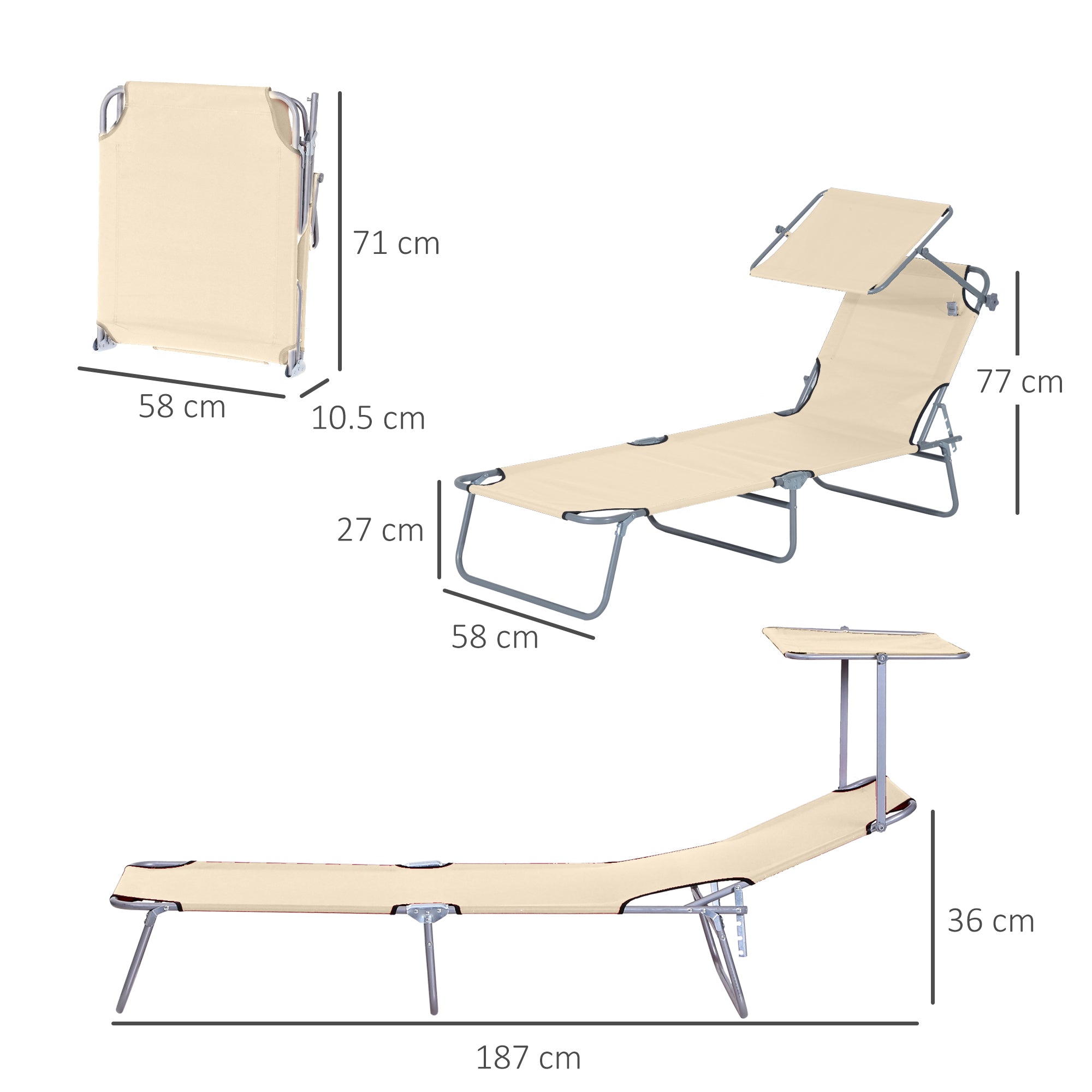 Outsunny 2 Pieces Outdoor Foldable Sun Lounger, 4 Level Adjustable Backrest Reclining Sun Lounger Chair with Angle Adjust Sun Shade Awning for Beach, Garden, Patio, Beige - North Peak Garden Furniture