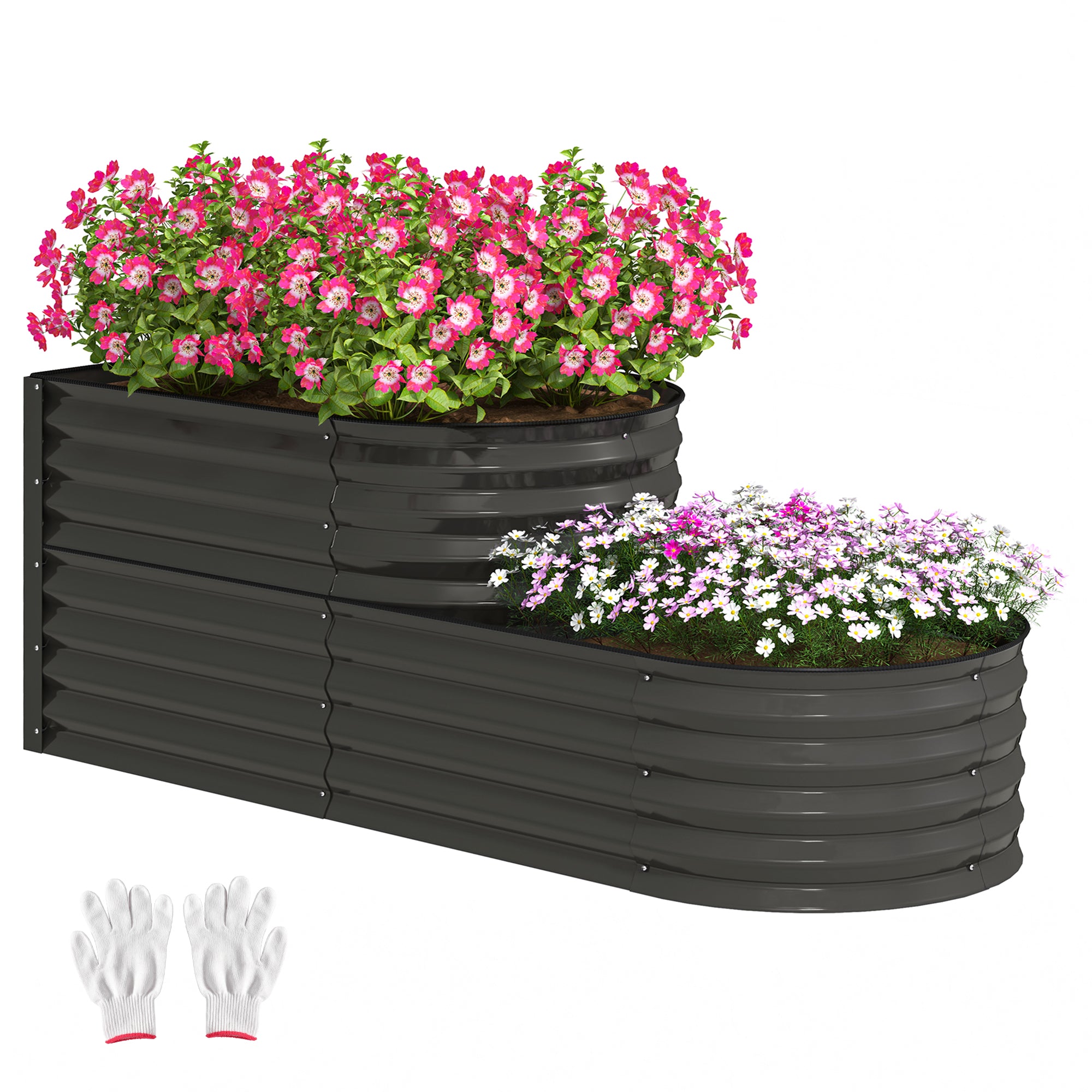 Outsunny Two-Tier Galvanised Steel Garden Planter - Dark Grey - North Peak Garden Furniture