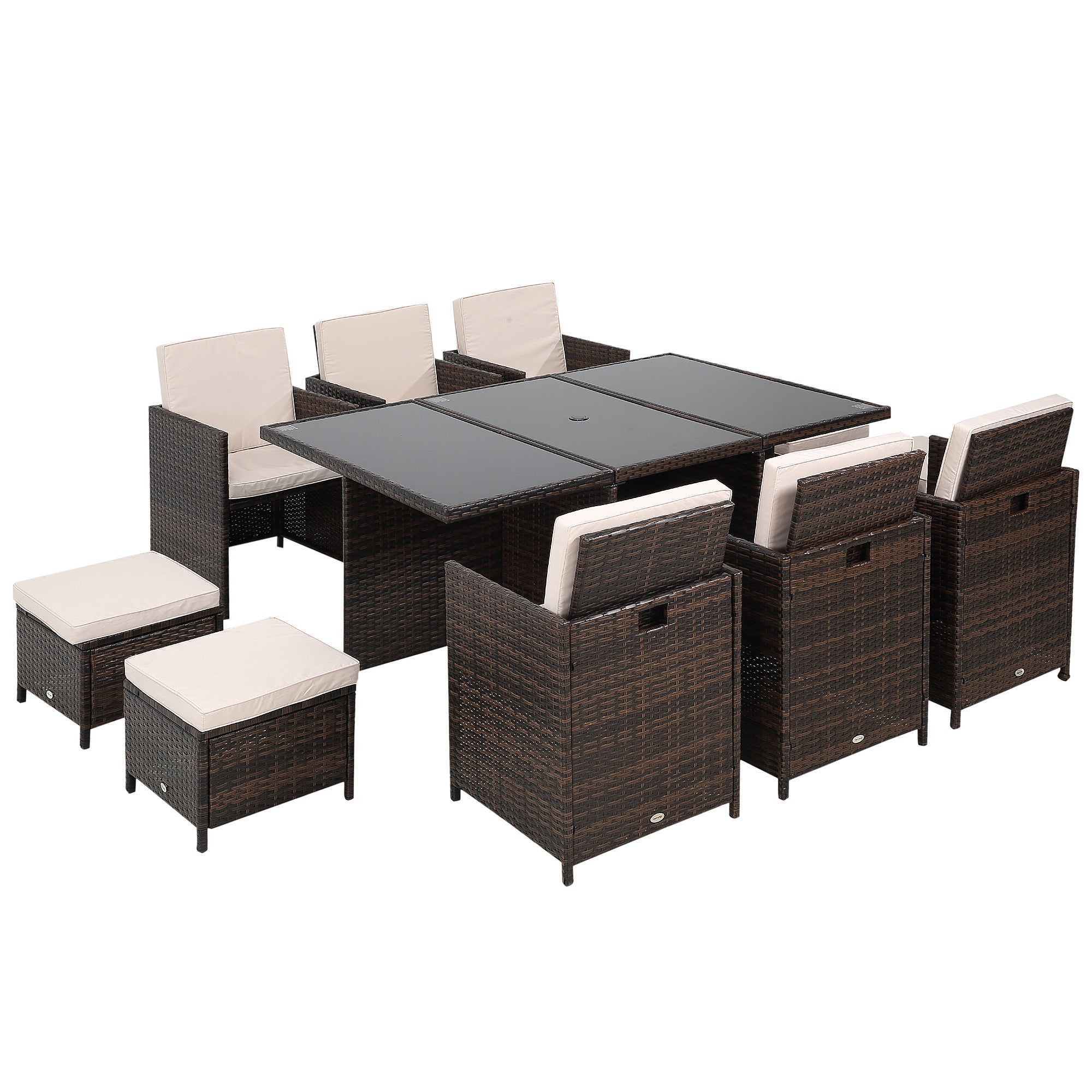 Outsunny 10 Seater Rattan Cube Garden Furniture Set with Parasol Hole, Rattan Dining Set with Cushions, Outdoor Dining Table and Chairs with Rectangular Glass Top Table for Patio, Mixed Brown - North Peak Garden Furniture