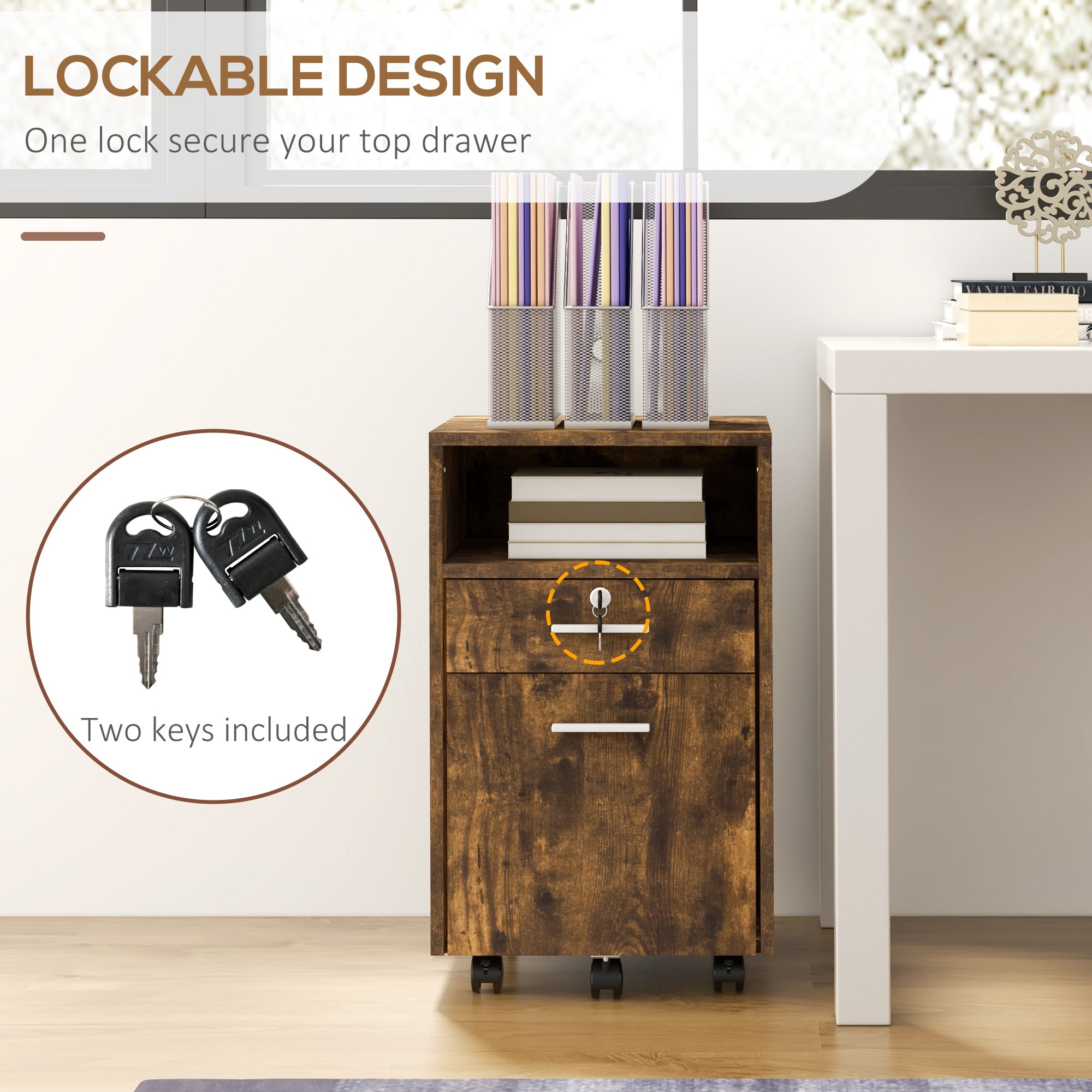 Vinsetto Lockable Two-Drawer Filing Cabinet, with Wheels - Wood-Effect - North Peak Garden Furniture