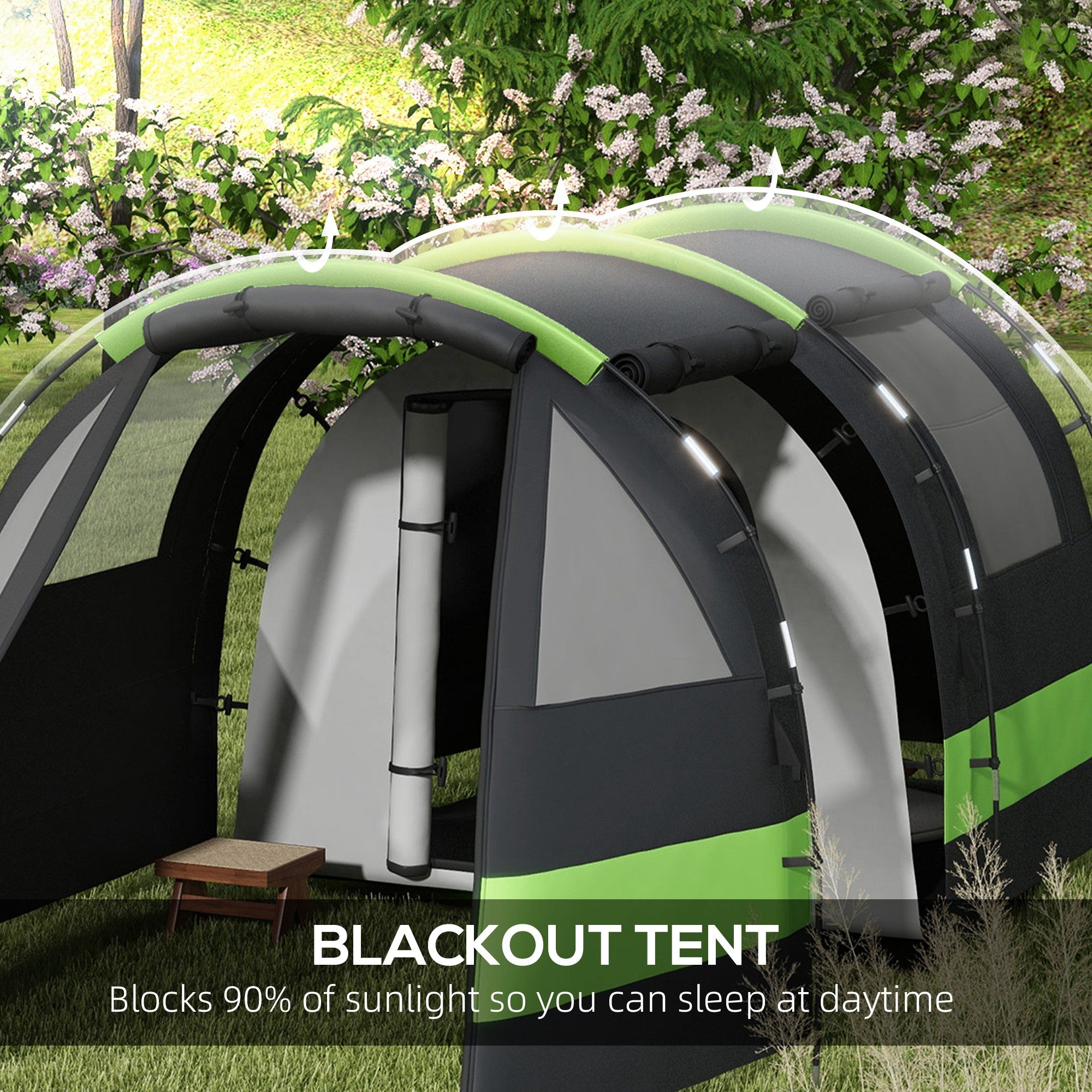 Outsunny Four Man, Two Room Blackout Tent, with Accessories - Black