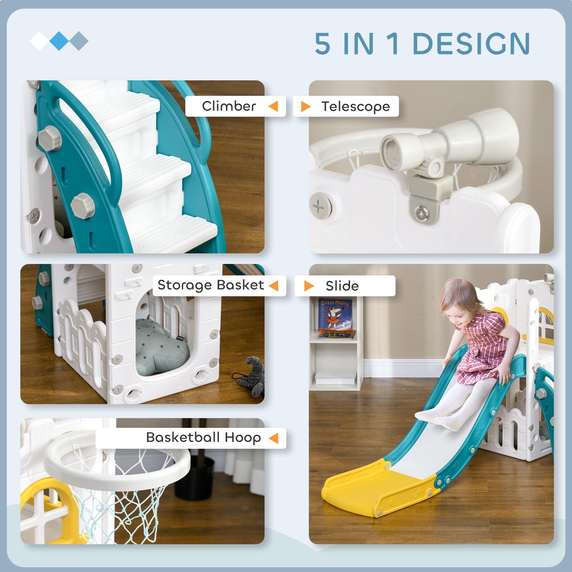 AIYAPLAY 4 in 1 Toddler Slide with Basketball Hoop, Climber, Telescope, Storage Basket, for Ages 1-3 Years, Yellow