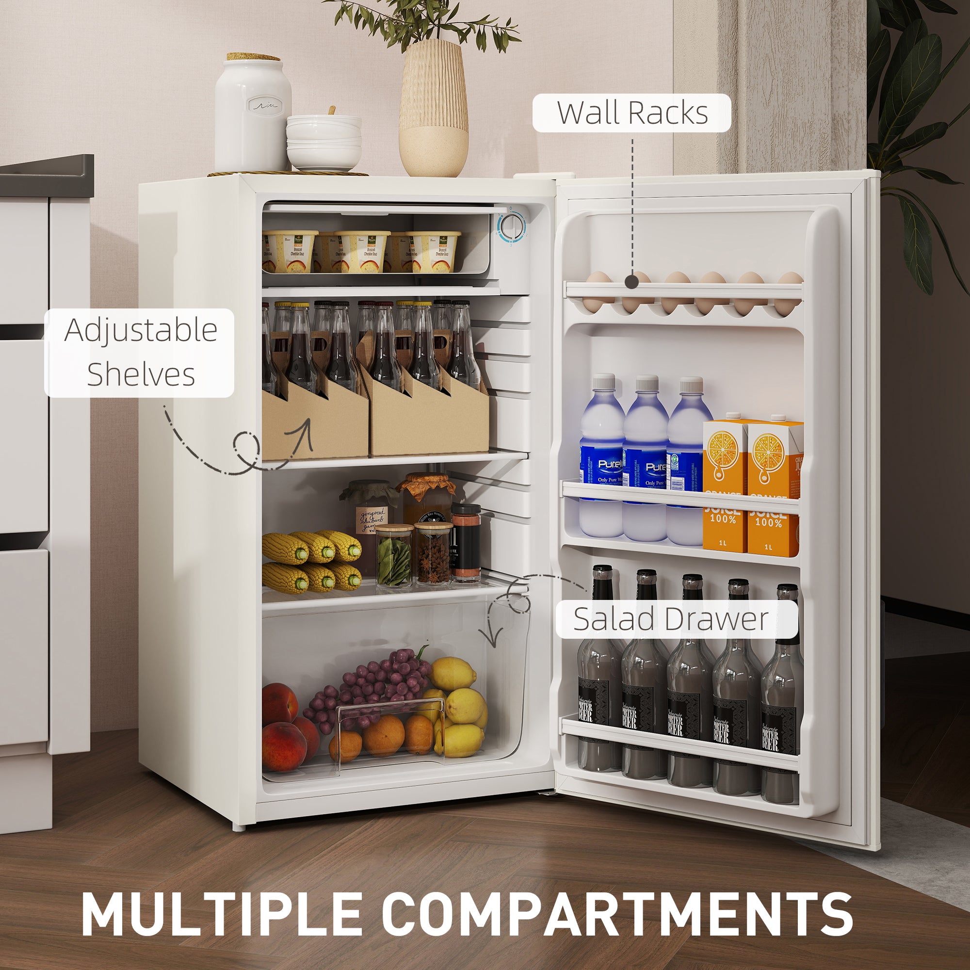 HOMCOM 91 Litre Freestanding Under Counter Fridge Freezer, Small Fridge with Chiller Box, Adjustable Thermostat, 47.5cm Wide, Beige