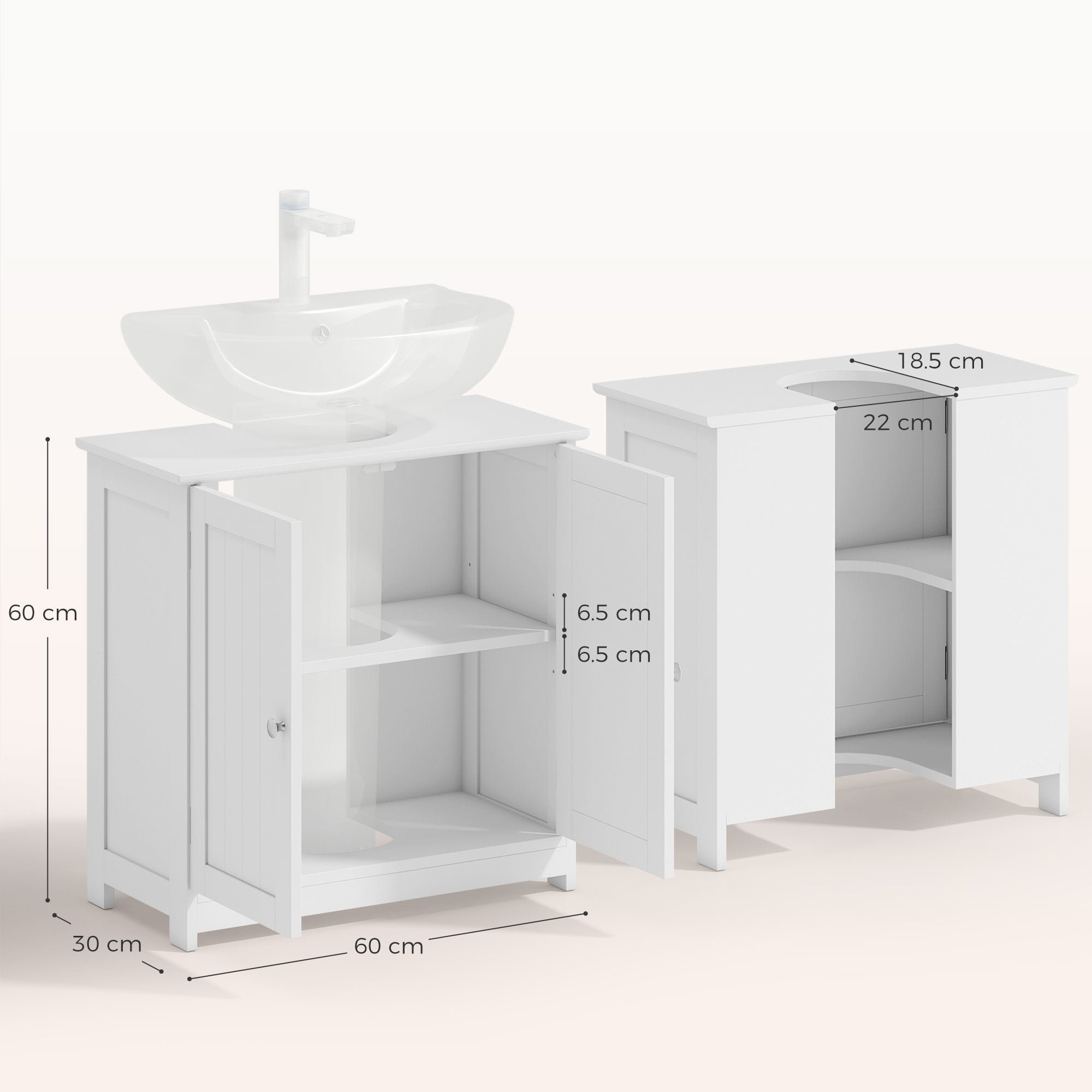 kleankin 60x60cm Under-Sink Storage Cabinet w/ Adjustable Shelf Handles Drain Hole Bathroom Cabinet Space Saver Organizer White