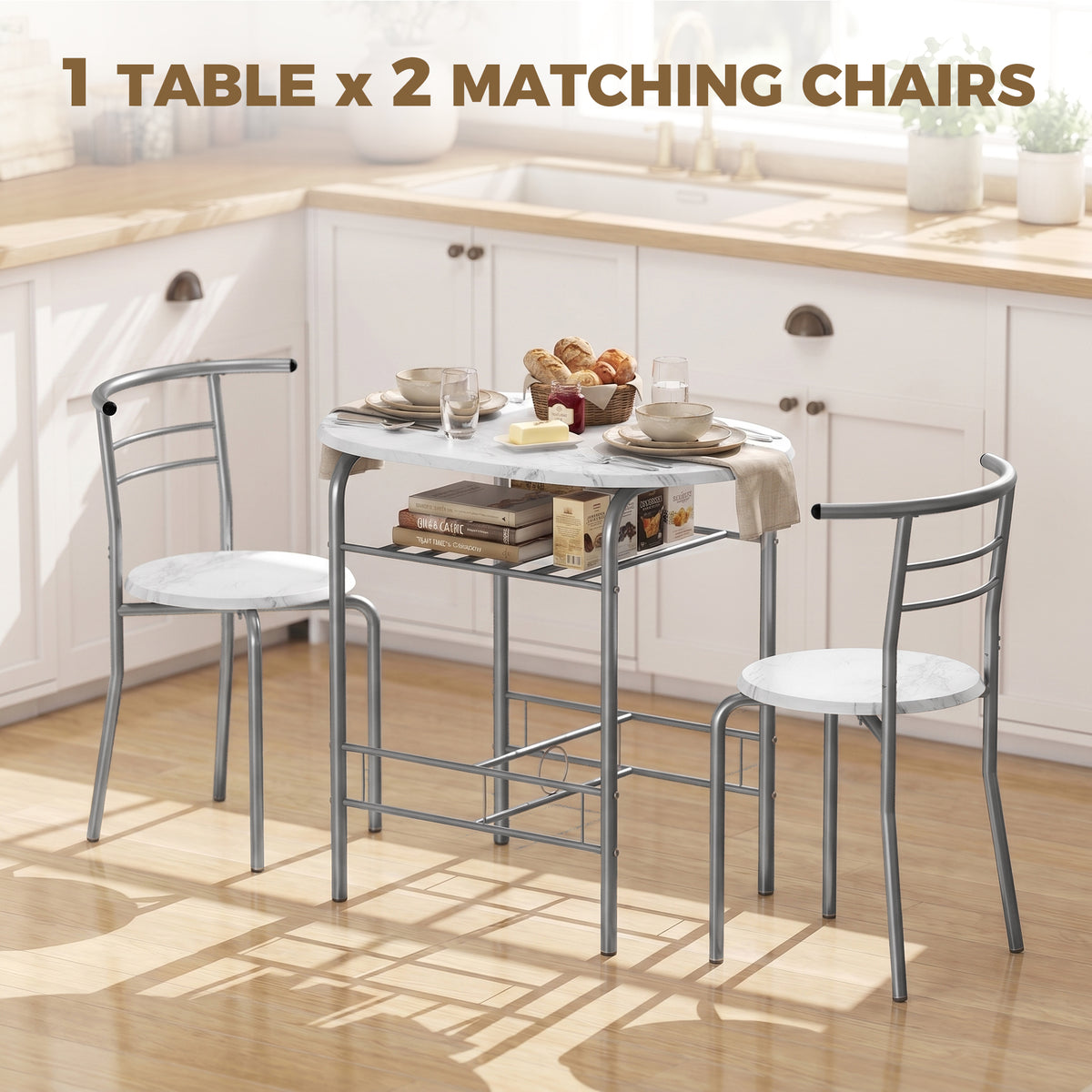 HOMCOM Three-Piece Compact Dining Set - White Marble Effect
