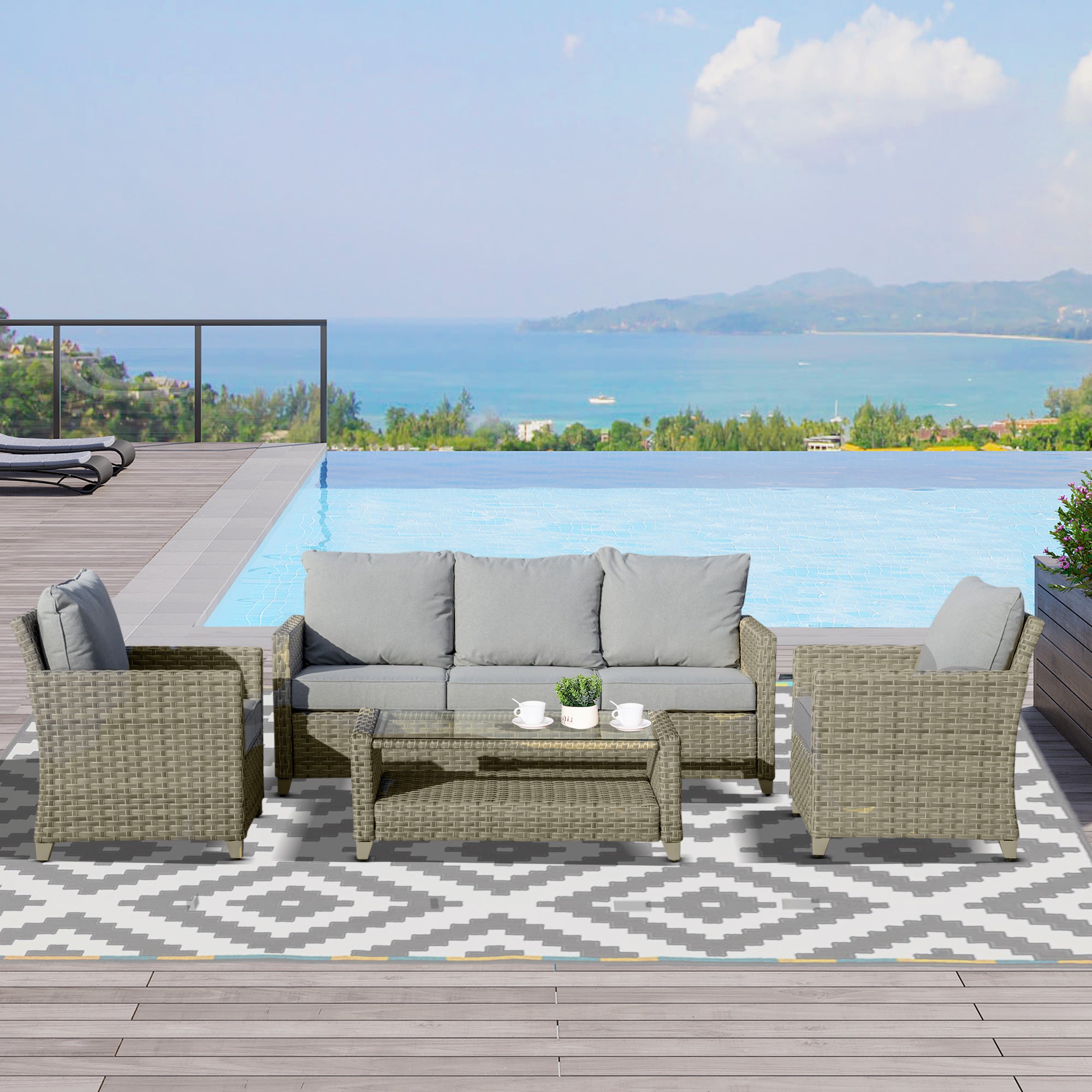 Outsunny 5-Seater Patio Wicker Sofa Set, Outdoor PE Rattan Sectional Conversation Aluminium Frame Furniture Set w/ Padded Cushion, 2-Tier Table Brown