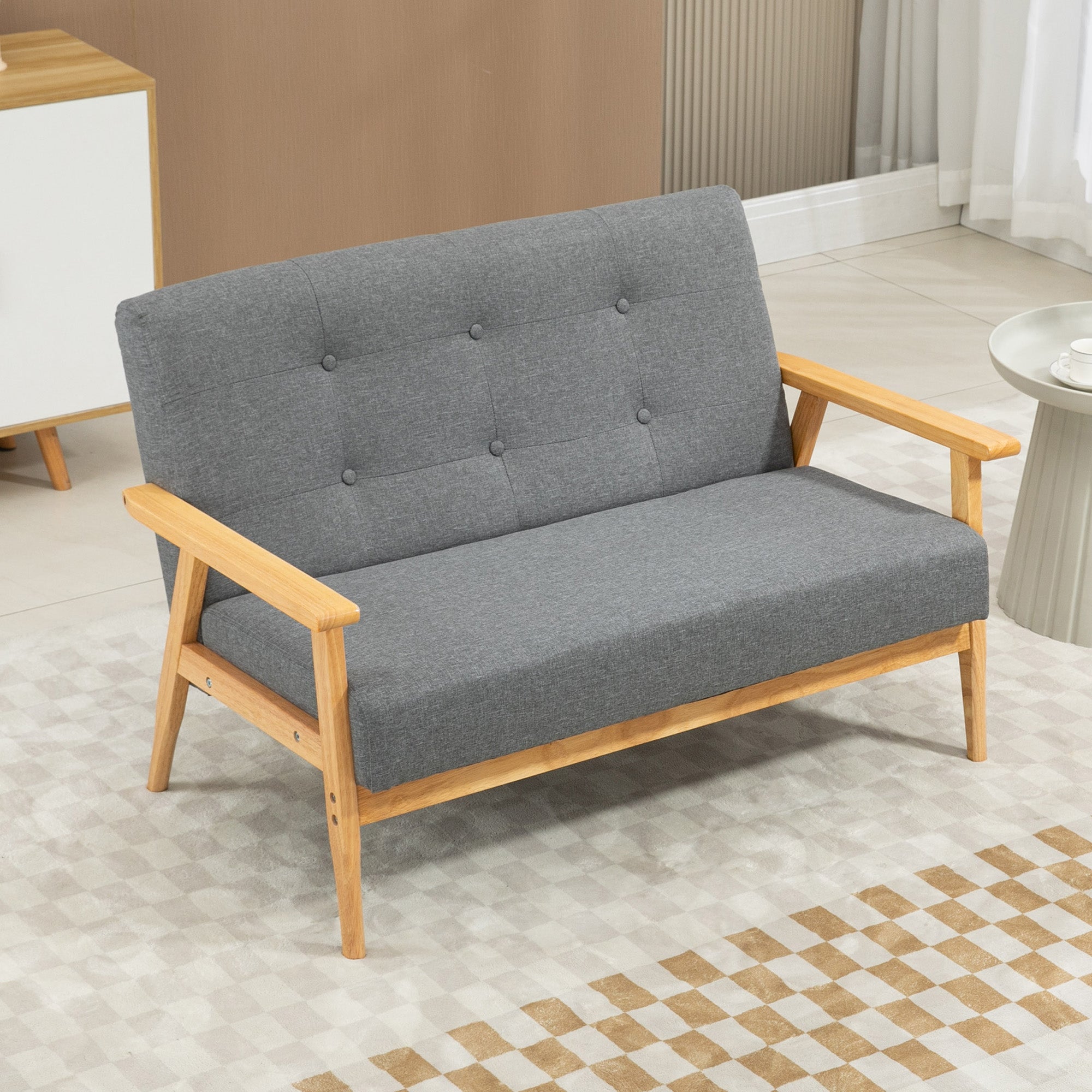 HOMCOM Modern 2 Seater Sofa Linen Fabric Upholstery Tufted Couch with Rubberwood Legs Dark Grey - North Peak Garden Furniture