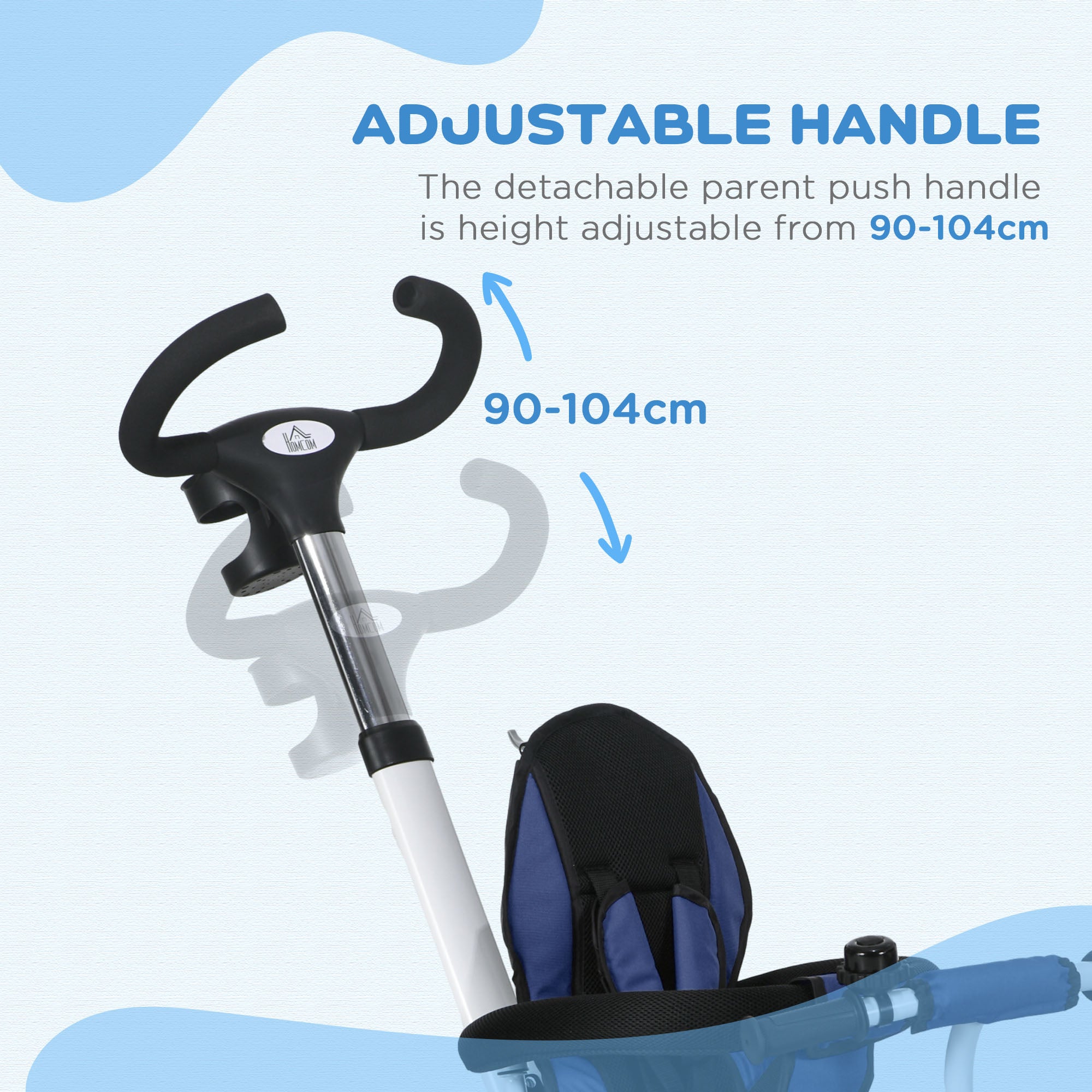 HOMCOM Metal Frame 6 in 1 Baby Push Tricycle with Parent Handle for 1-5 Years Old, Dark Blue - North Peak Garden Furniture