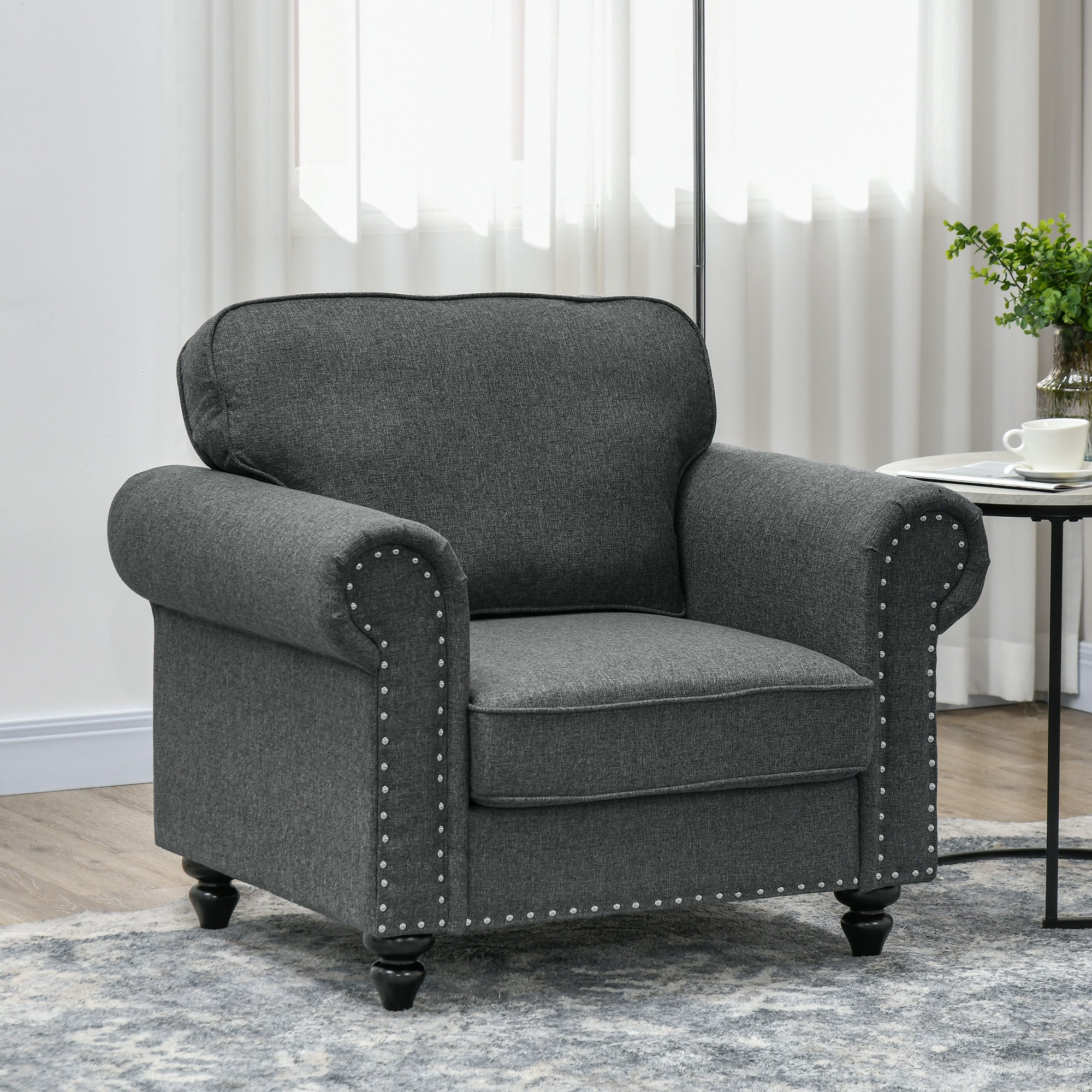 HOMCOM Mid-Century Armchair, with Pocket Springs - Charcoal Grey - North Peak Garden Furniture