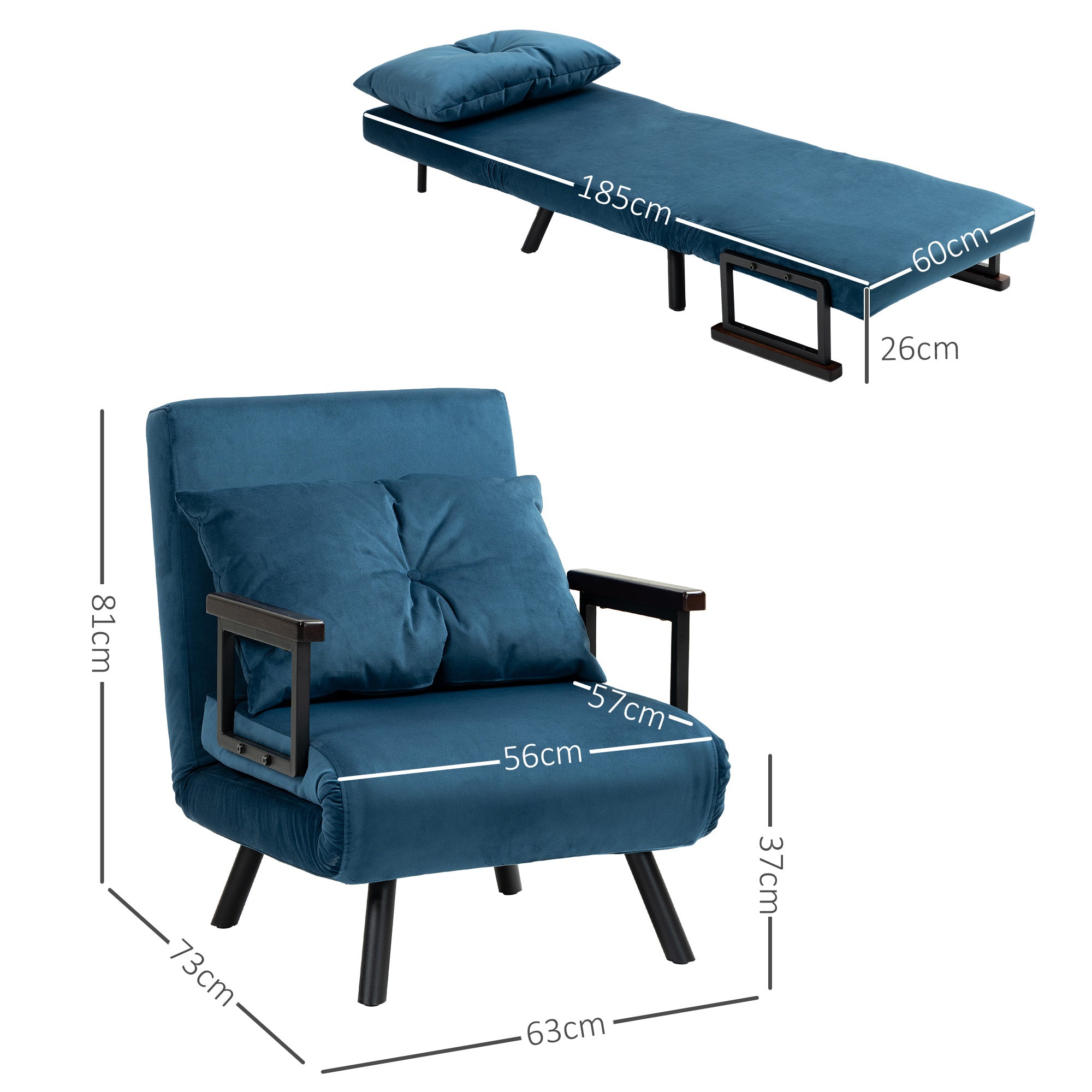 HOMCOM 4-in-1 Velvet-Feel Single Chair Bed, with Pillow - Navy Blue - North Peak Garden Furniture