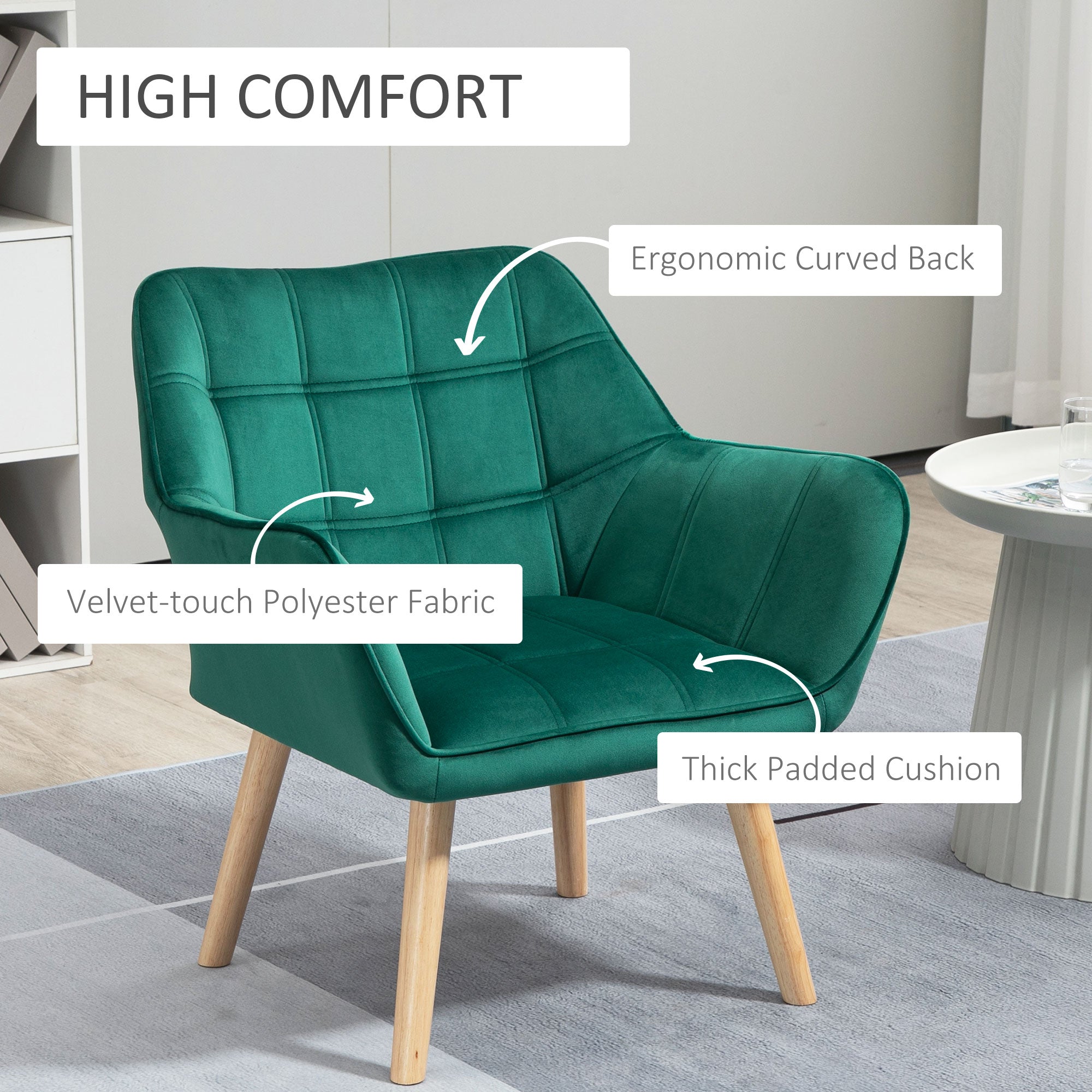 HOMCOM Armchair Accent Chair, Vanity Chair with Wide Arms, Slanted Back, Padding, Metal Frame, Wooden Legs, Home Bedroom Furniture Seating, Set of 2, Green