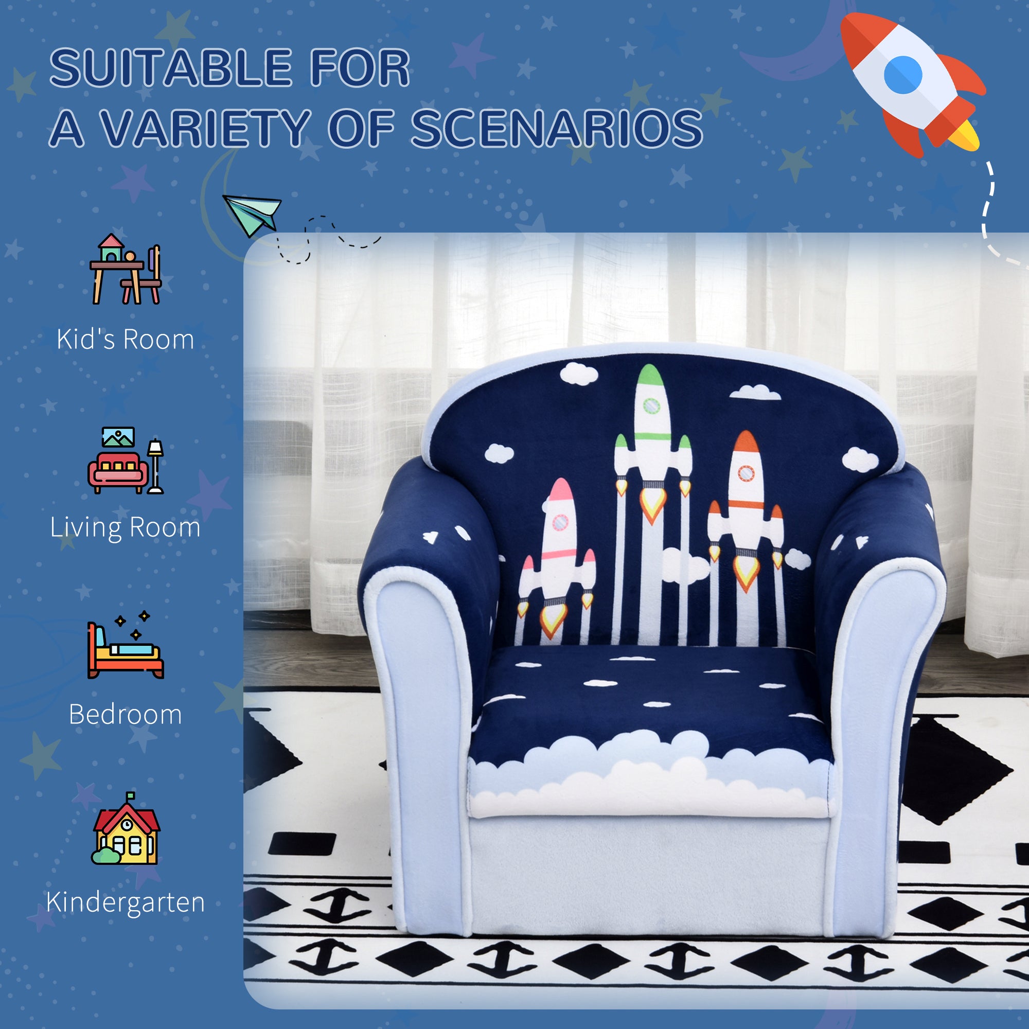 HOMCOM Children Chair Armchair Single Sofa, 50 x 39 x 44cm, for 18M+, Blue - North Peak Garden Furniture