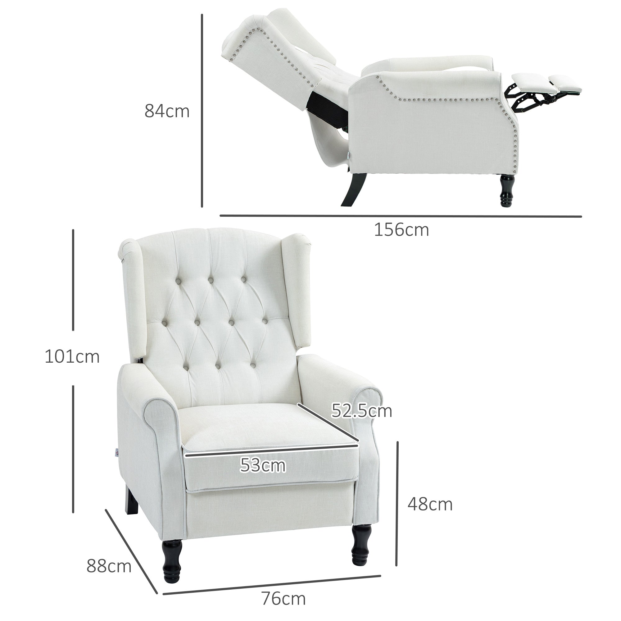 HOMCOM Recliner Armchair, Vintage Reclining Chair with Nail Head Trim, Wingback Chair with Button Tufted Back and Footrest, for Living Room, Cream White - North Peak Garden Furniture