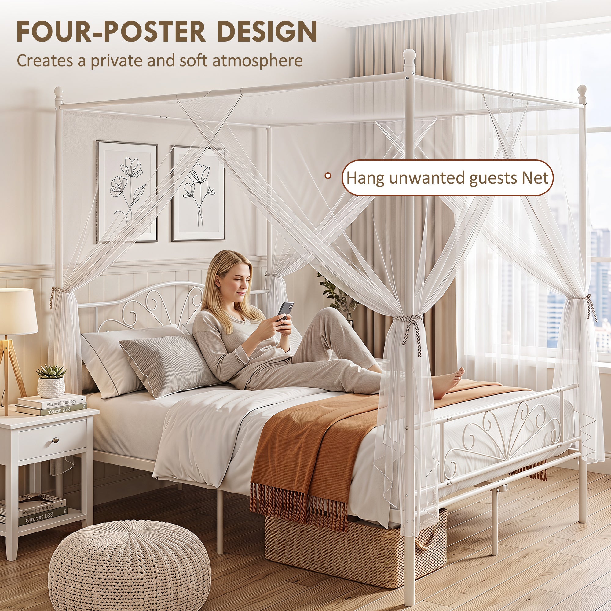 HOMCOM Canopy Bed Frame King Size, Metal Platform Bed Frame with Headboard and Footboard, Underbed Storage, White