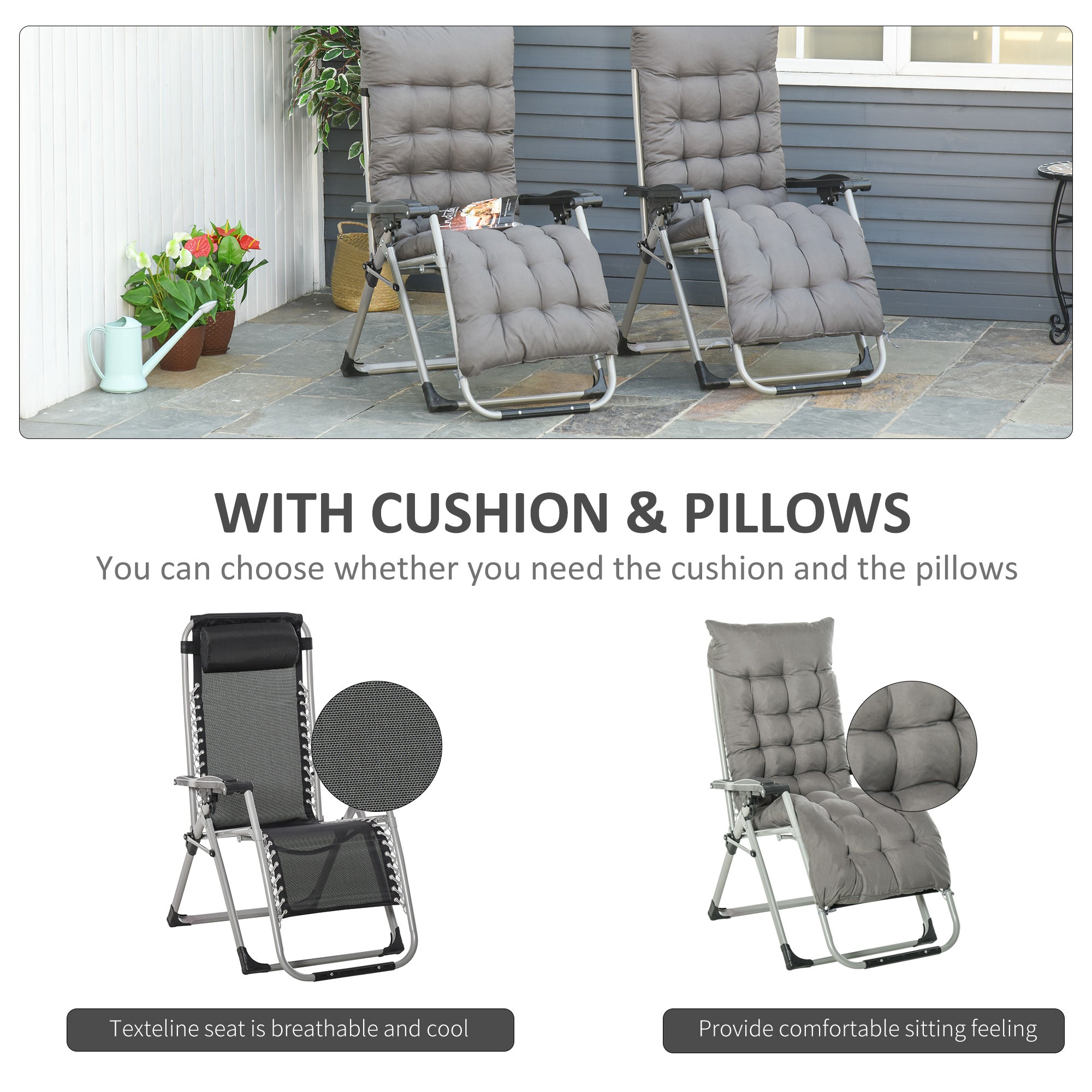 Outsunny 2 Piece Reclining Zero Gravity Chair Metal Frame Folding Garden Sun Lounger with Cushion Headrest, Dark Grey - North Peak Garden Furniture