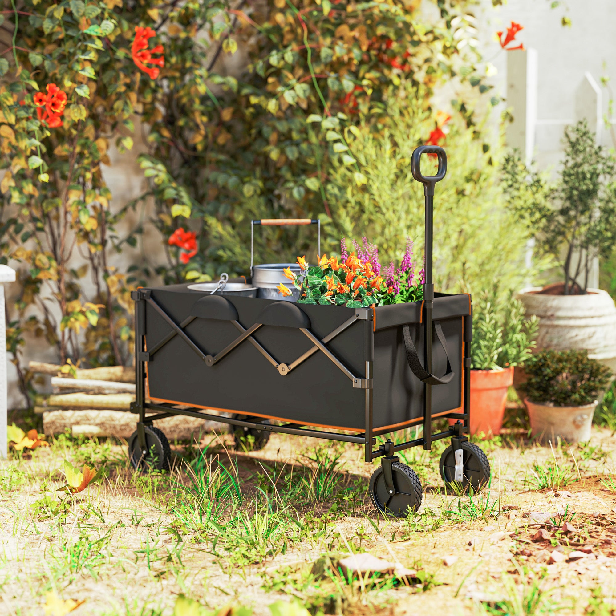 Outsunny 160L Festival Trolley on Wheels, Folding Camping Trolley Cart w/ Tailgate, 100kg Heavy Duty Garden Collapsible Folding Wagon w/Adjustable Handle, Carry Bag for Beach Picnic, Black and Orange - North Peak Garden Furniture